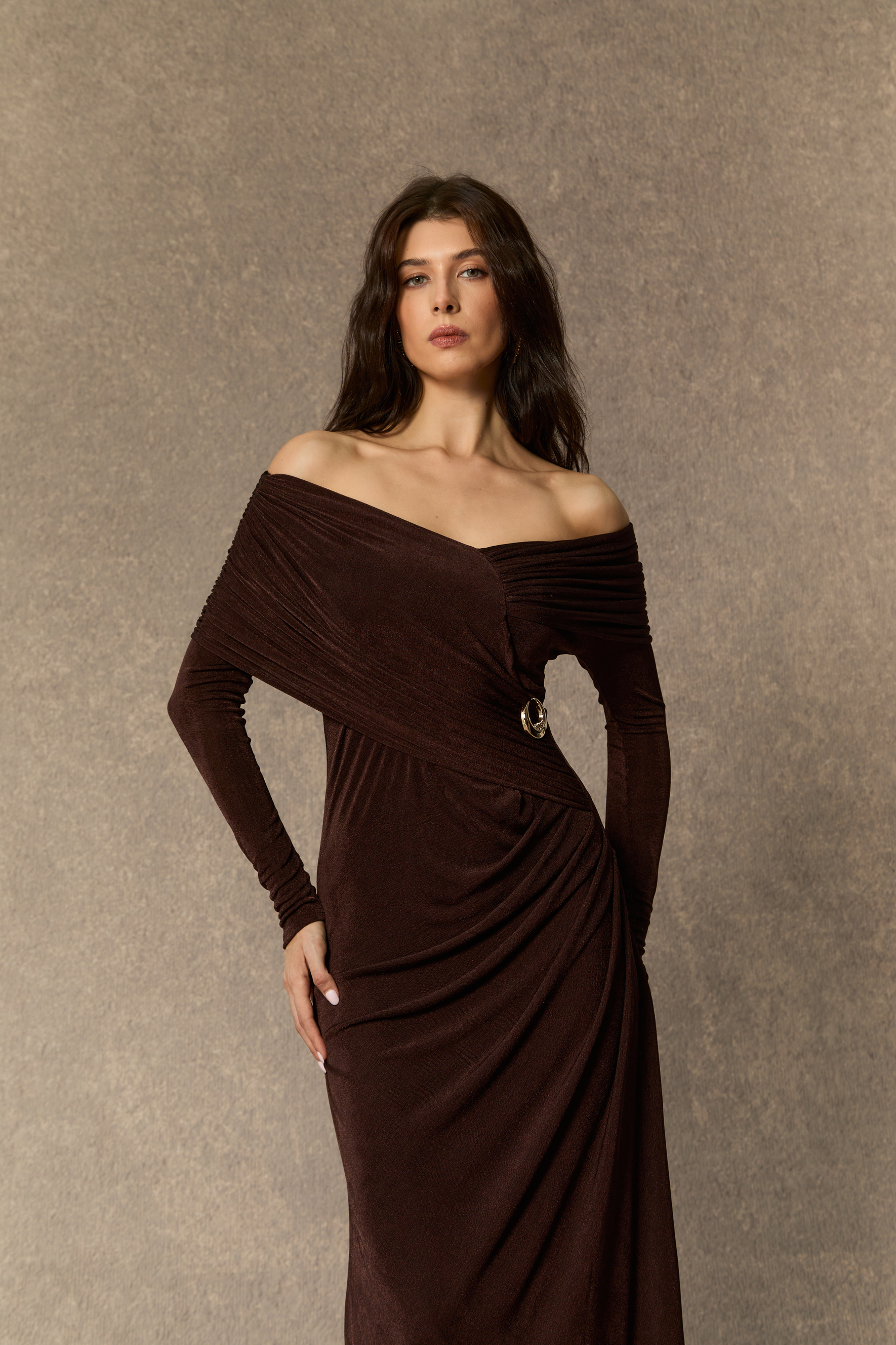 Always Remarkable Brown Off Shoulder Gathered Maxi Dress