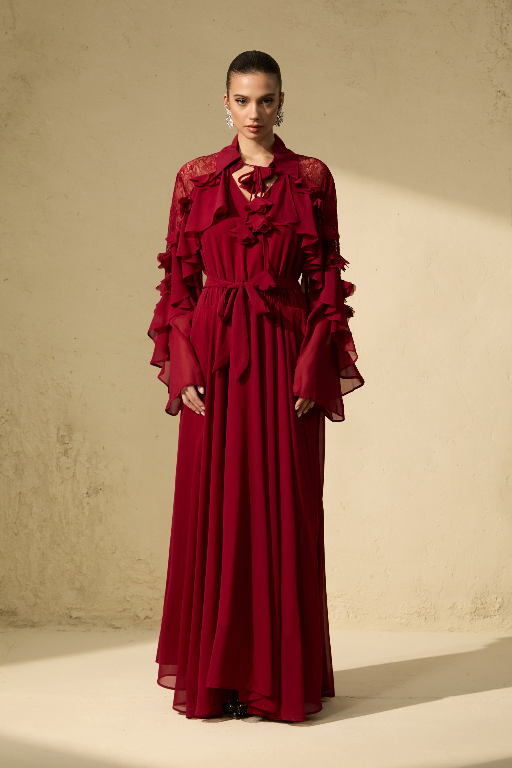 Beautiful Aura Sheer Lace Ruffled Sleeve Maxi Dress