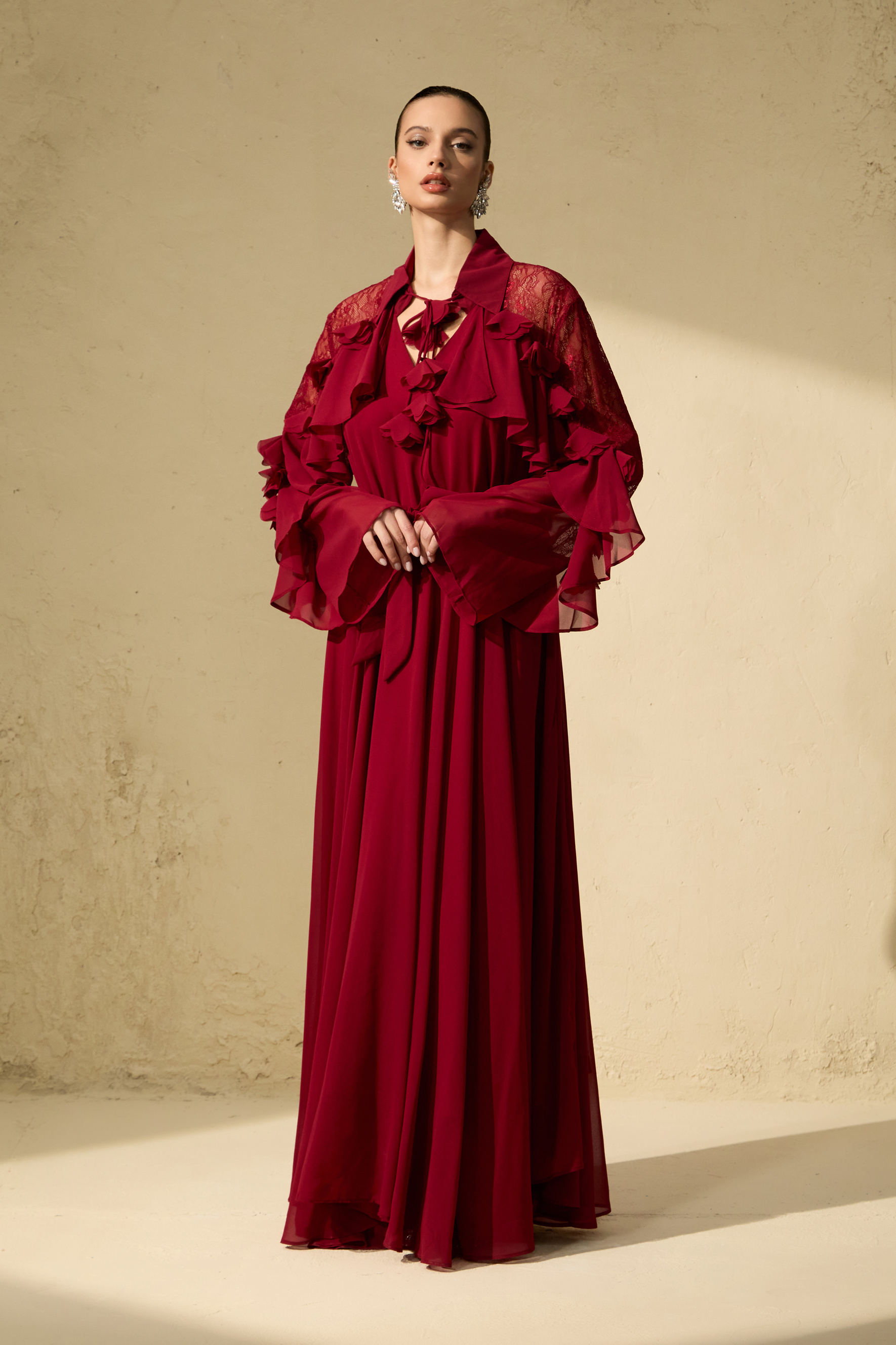 Beautiful Aura Sheer Lace Ruffled Sleeve Maxi Dress