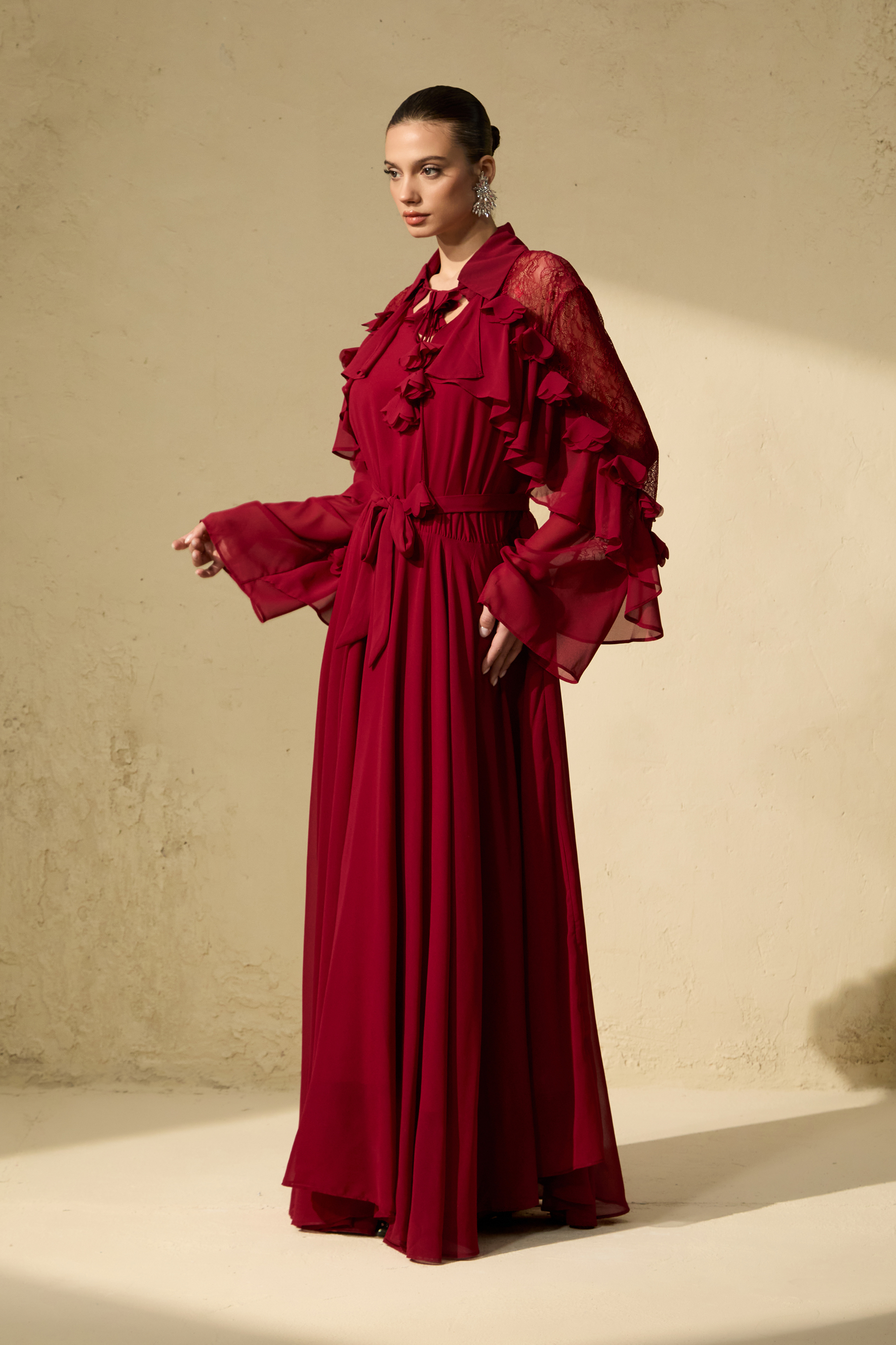 Beautiful Aura Sheer Lace Ruffled Sleeve Maxi Dress