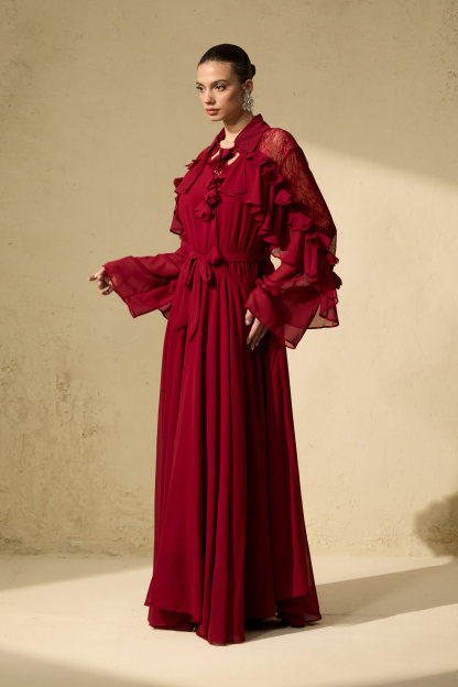 Beautiful Aura Sheer Lace Ruffled Sleeve Maxi Dress