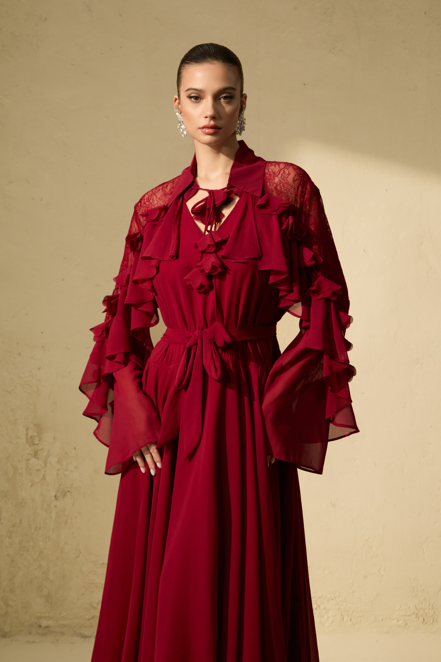 Beautiful Aura Sheer Lace Ruffled Sleeve Maxi Dress