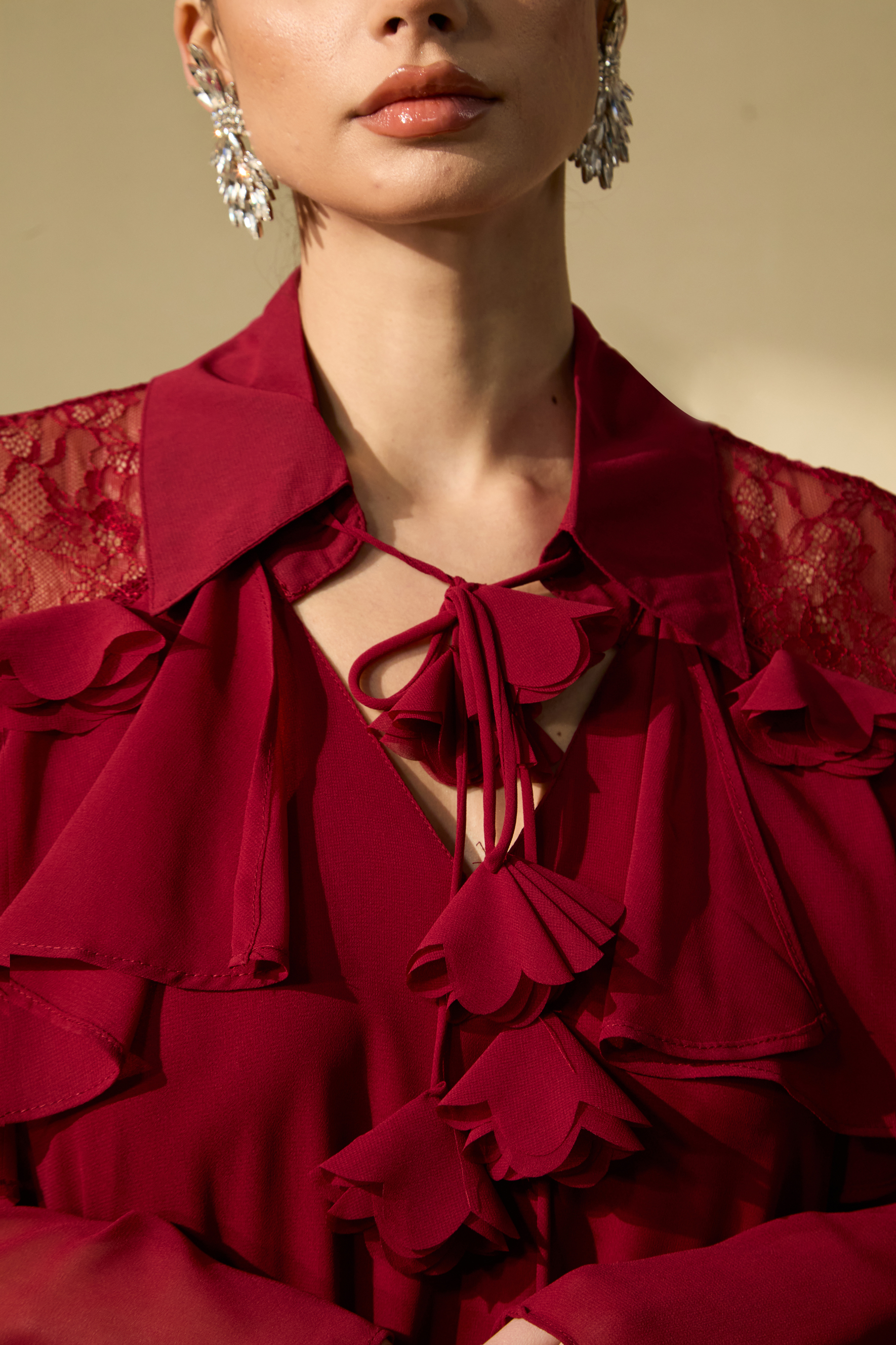 Beautiful Aura Sheer Lace Ruffled Sleeve Maxi Dress