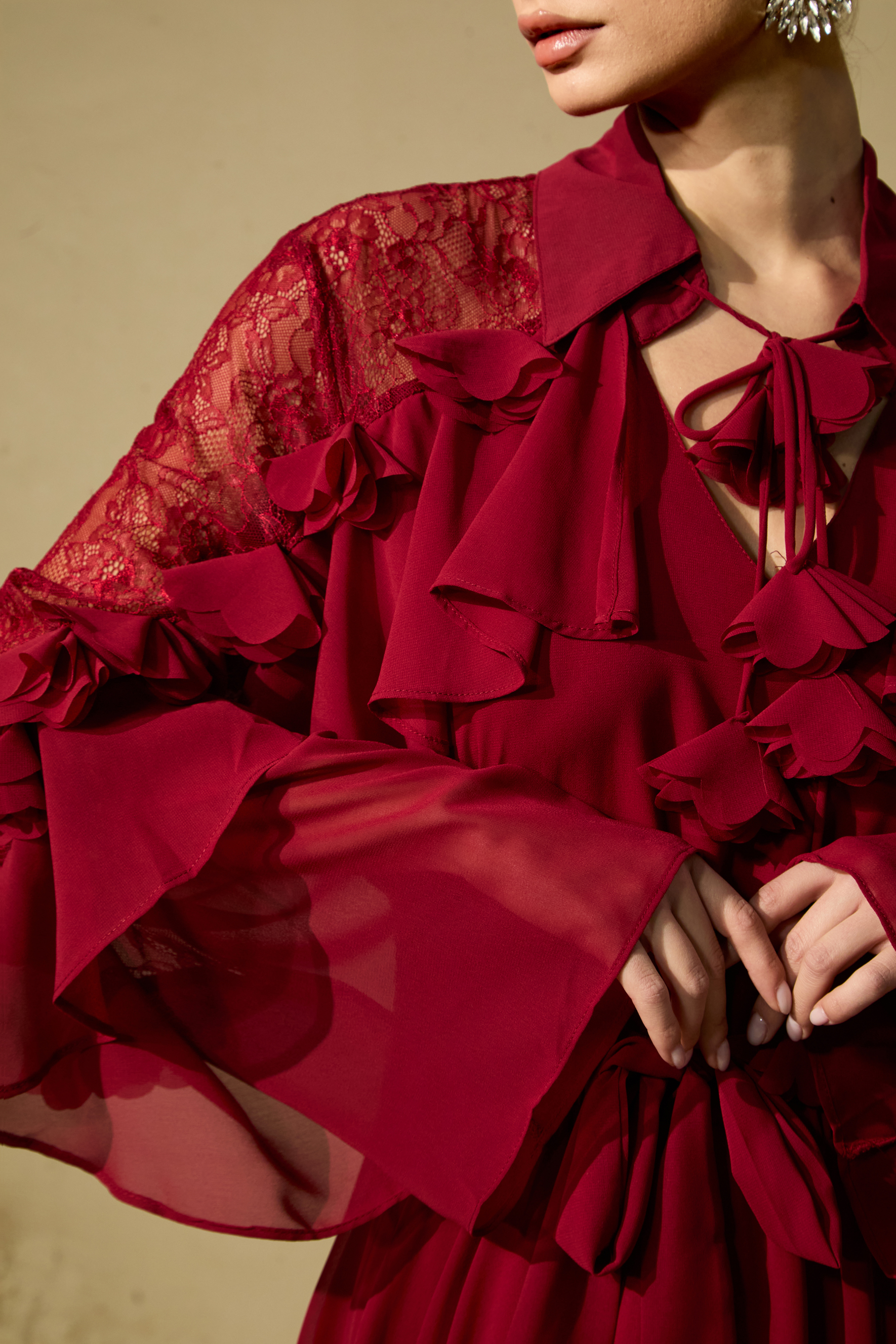 Beautiful Aura Sheer Lace Ruffled Sleeve Maxi Dress