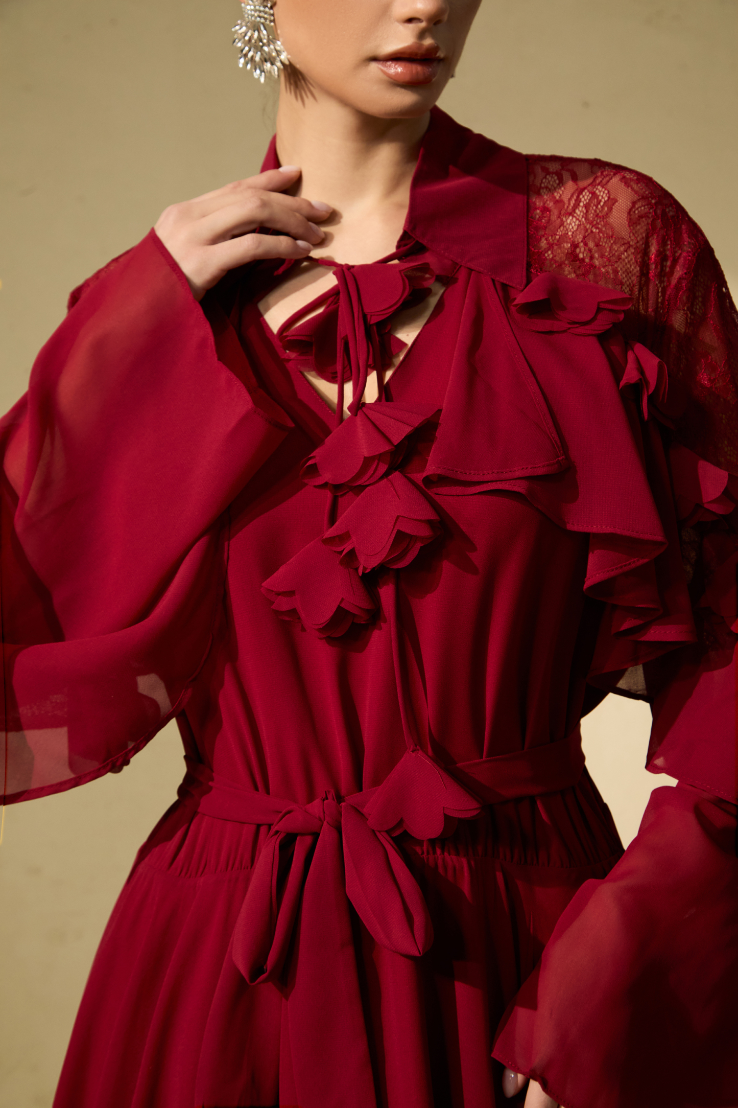 Beautiful Aura Sheer Lace Ruffled Sleeve Maxi Dress