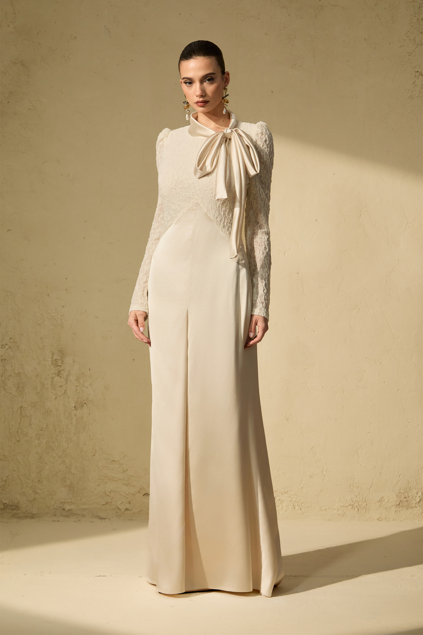 Modest Dresses: White Bow Neck Lace Bodice Maxi Dress | sunfere