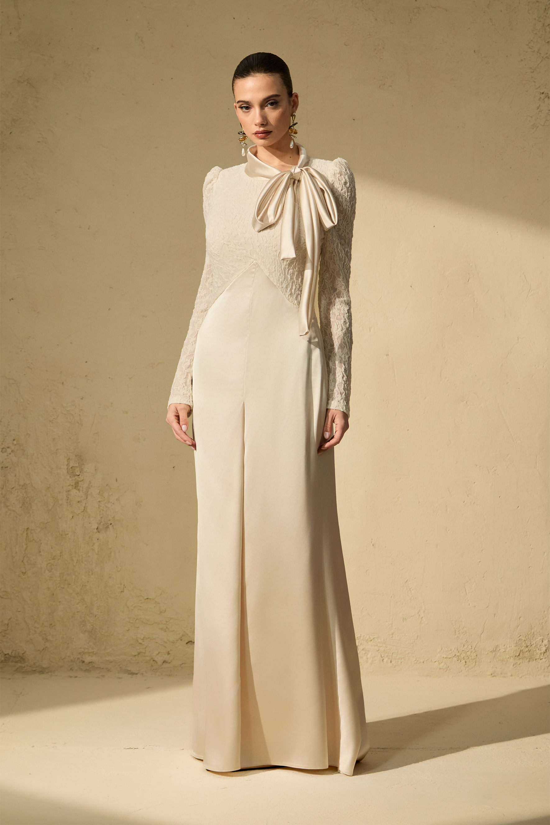 Bragging Rights White Bow Neck Lace Bodice Maxi Dress