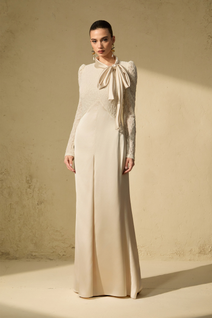 Bragging Rights White Bow Neck Lace Bodice Maxi Dress