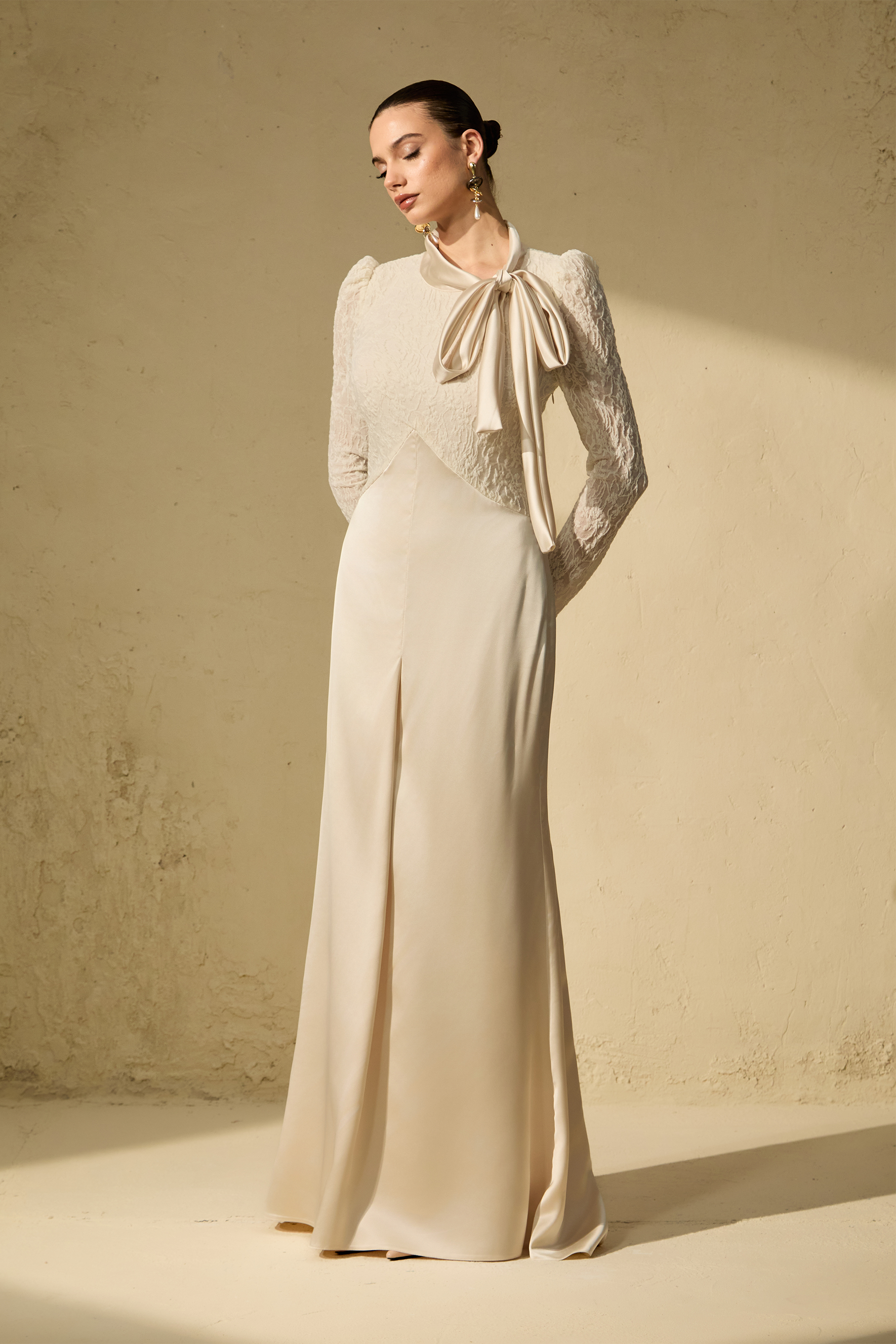 Bragging Rights White Bow Neck Lace Bodice Maxi Dress