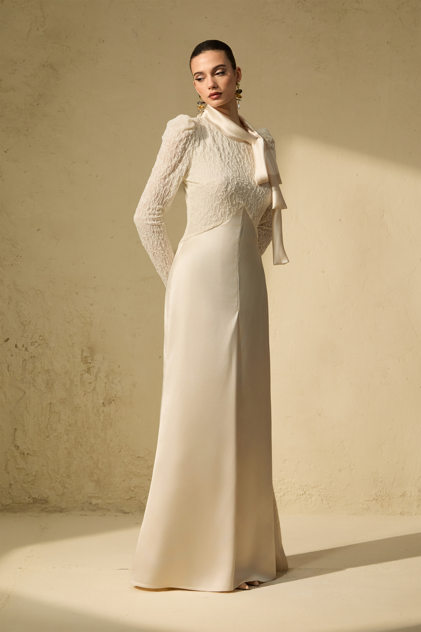 Modest Dresses: White Bow Neck Lace Bodice Maxi Dress | sunfere