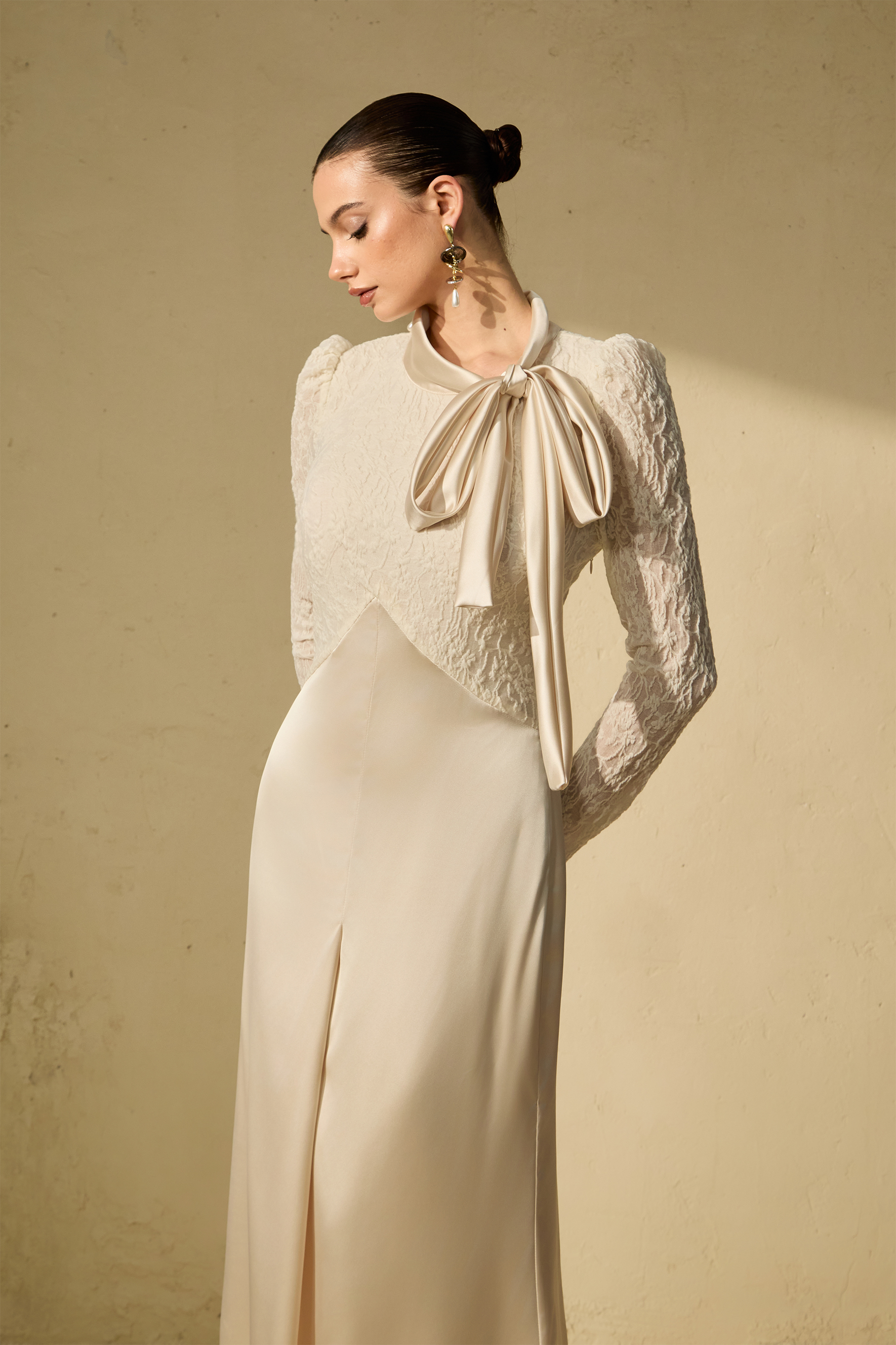 Bragging Rights White Bow Neck Lace Bodice Maxi Dress