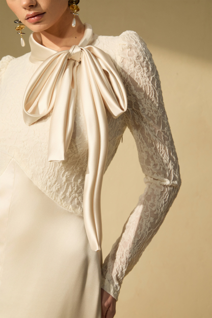 Bragging Rights White Bow Neck Lace Bodice Maxi Dress