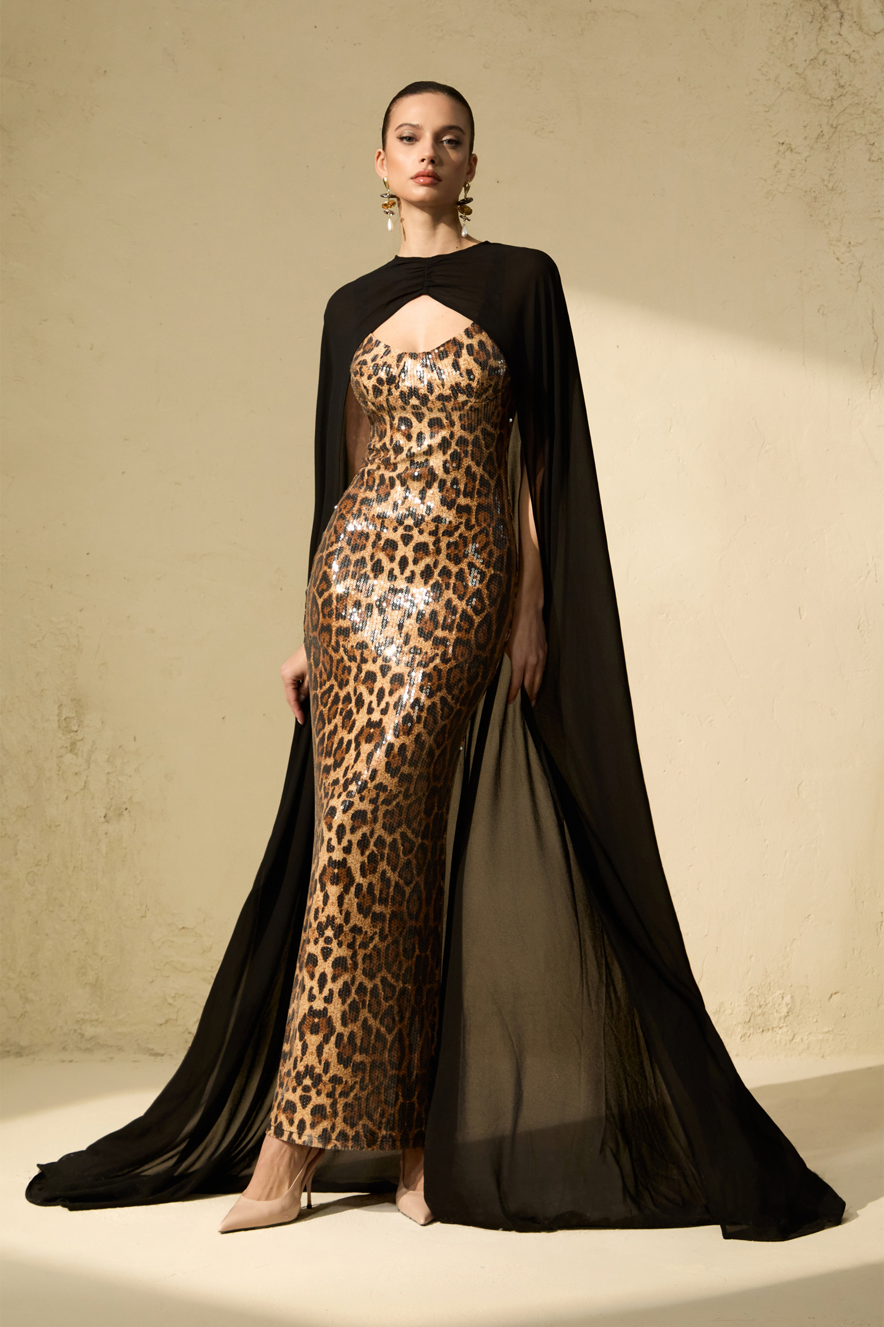 Wild Charm Multi Leopard Print Sequin Maxi Dress & Cape Set