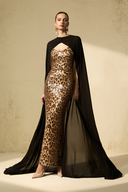 Wild Charm Multi Leopard Print Sequin Maxi Dress & Cape Set
