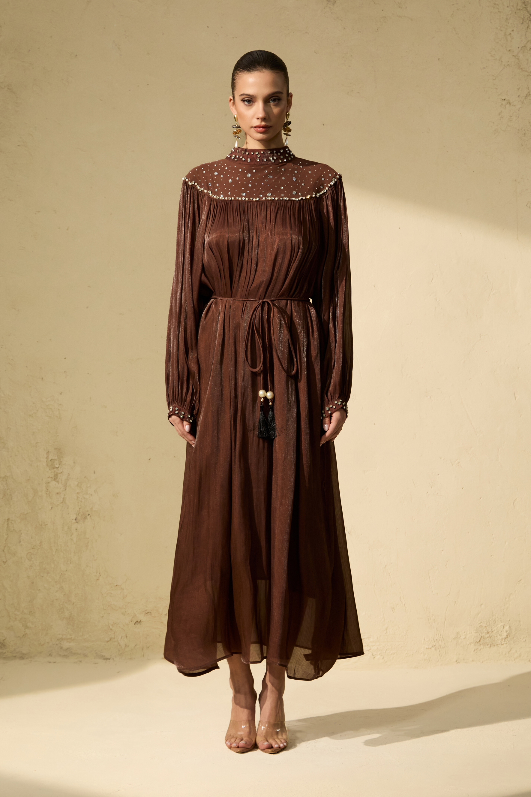 Refined Attitude Brown Crystal Embellished Bishop Sleeve Maxi Dress