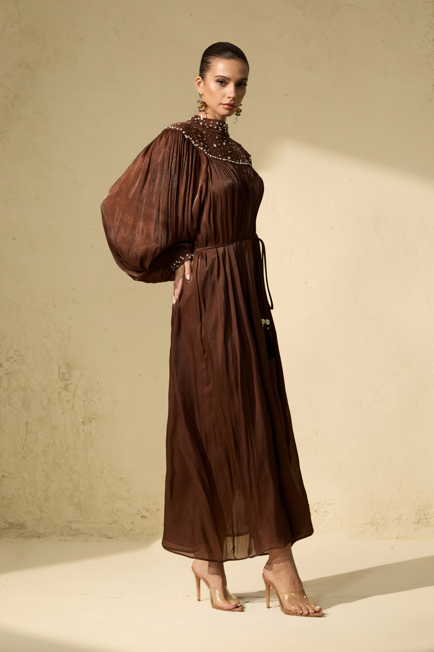 Refined Attitude Brown Crystal Embellished Bishop Sleeve Maxi Dress