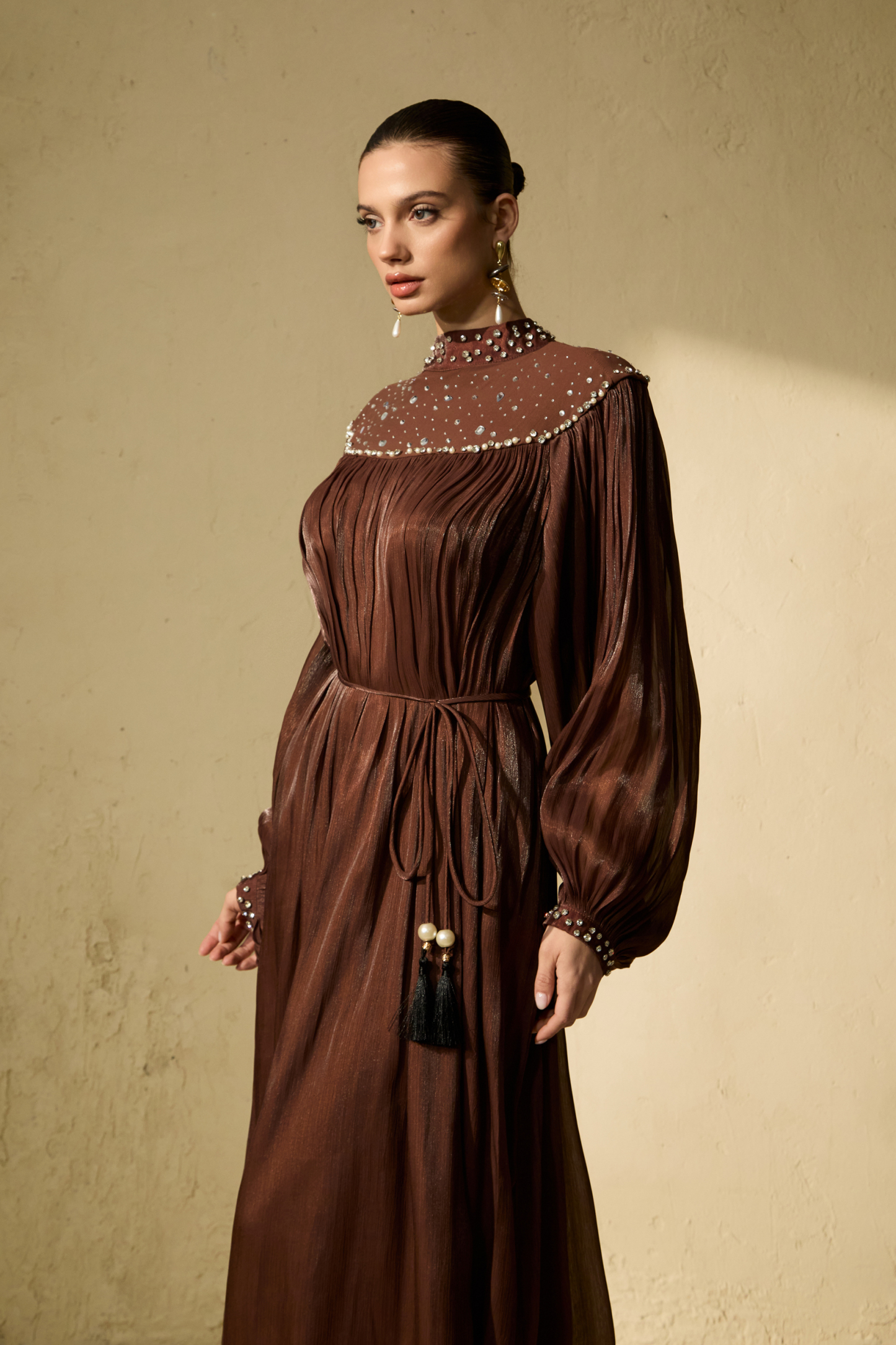 Refined Attitude Brown Crystal Embellished Bishop Sleeve Maxi Dress