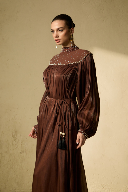 Refined Attitude Brown Crystal Embellished Bishop Sleeve Maxi Dress