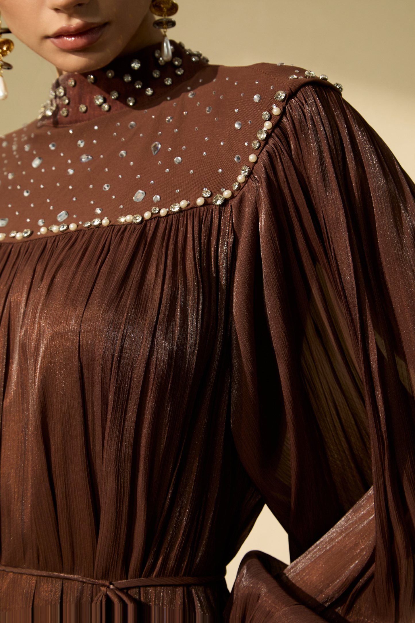 Refined Attitude Brown Crystal Embellished Bishop Sleeve Maxi Dress