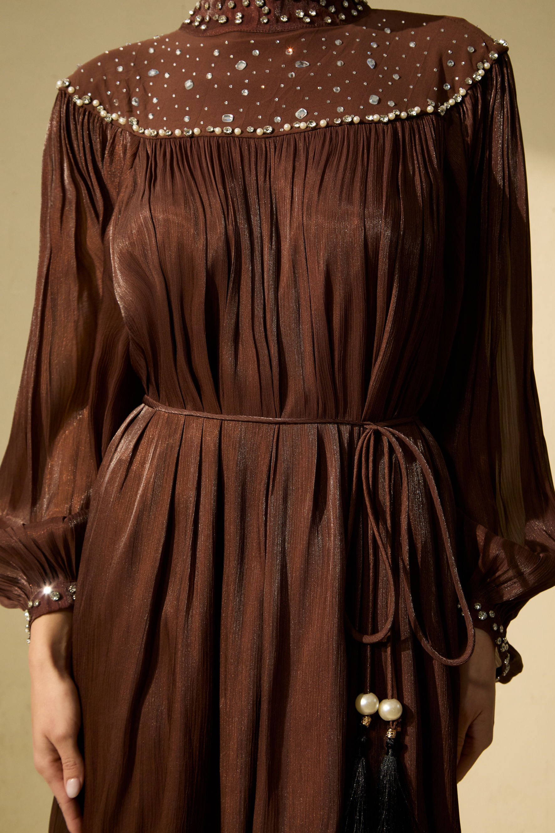 Refined Attitude Brown Crystal Embellished Bishop Sleeve Maxi Dress