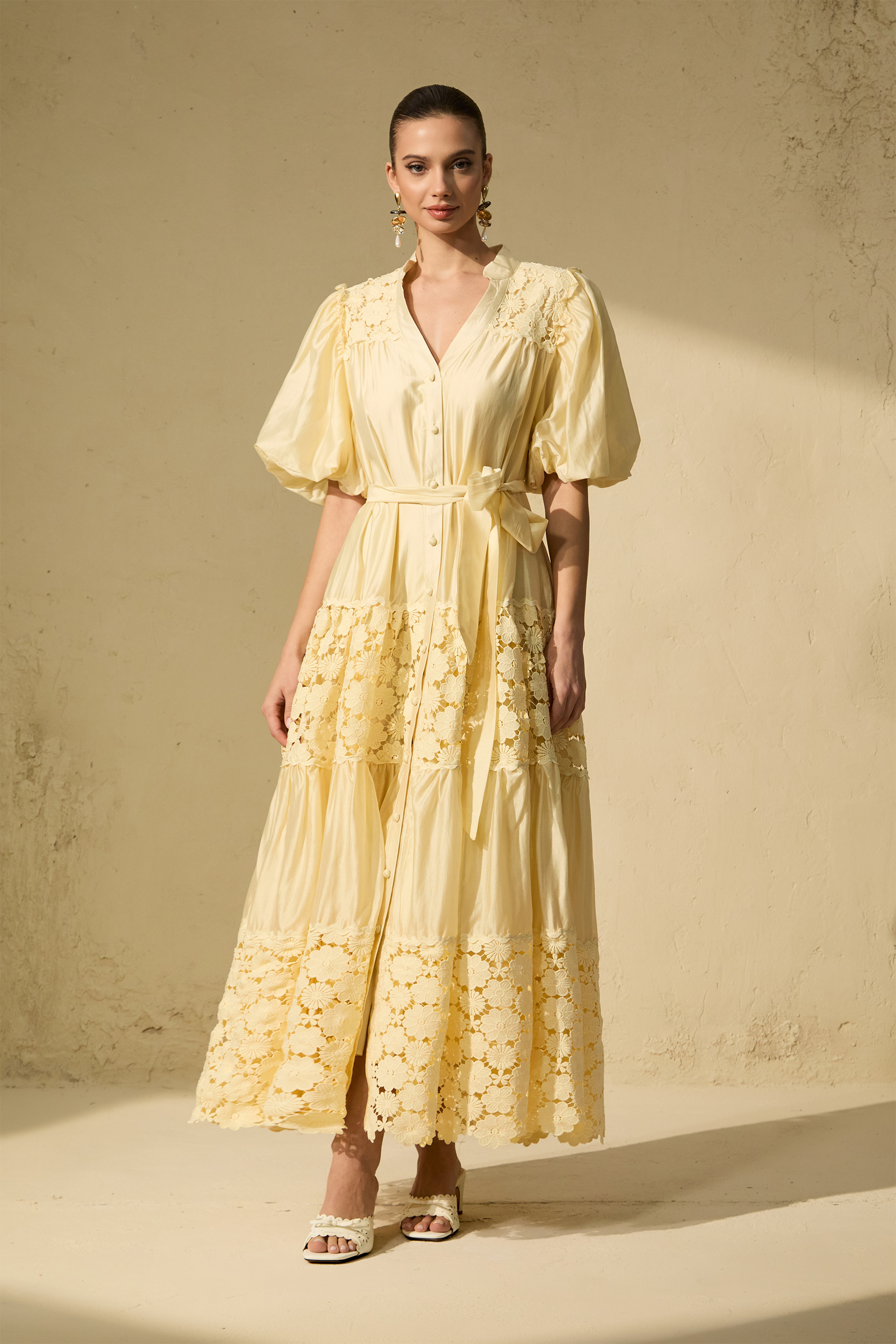 Chic Reverie Puff Sleeve Floral Lace Maxi Dress
