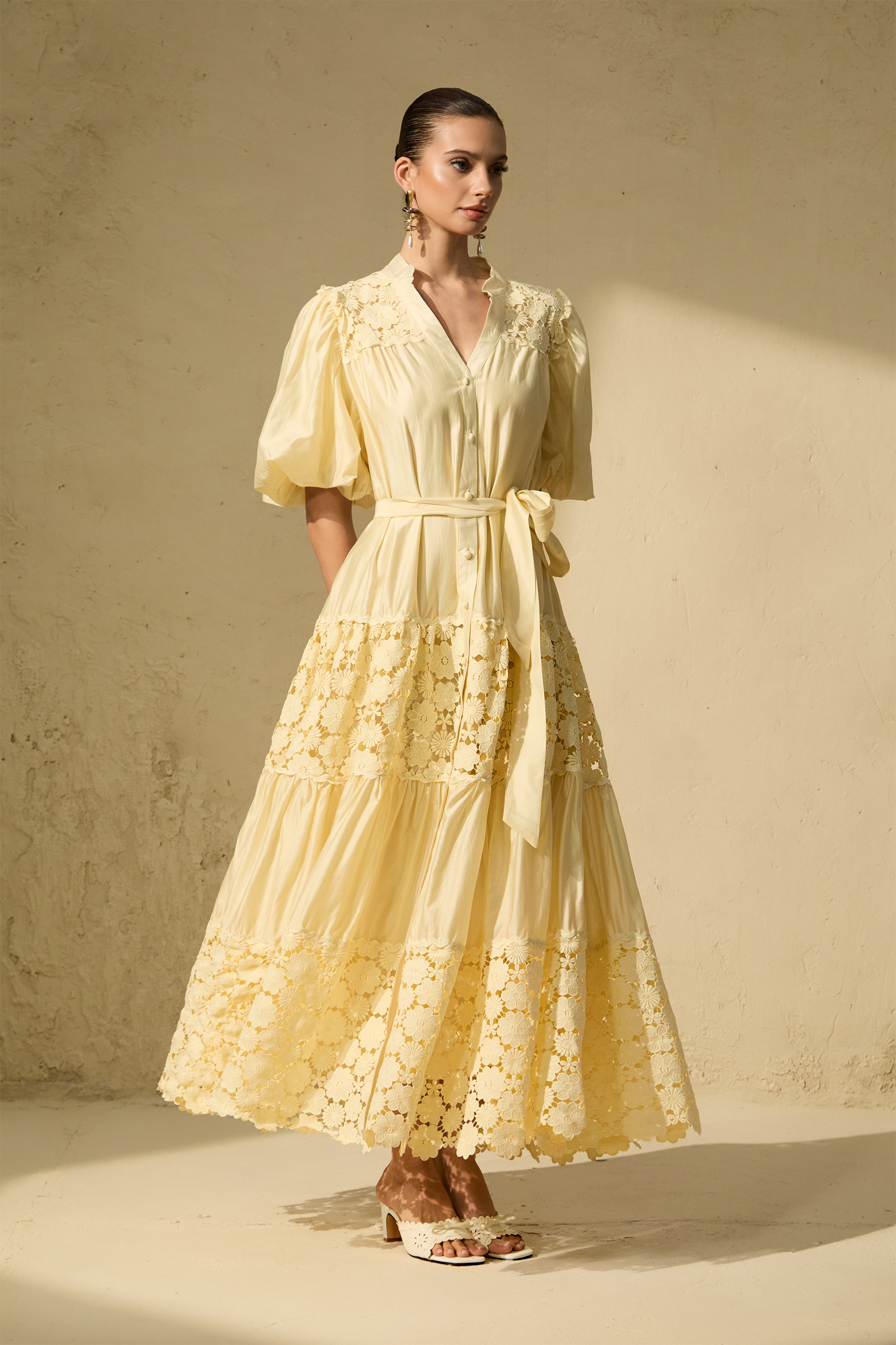 Chic Reverie Puff Sleeve Floral Lace Maxi Dress