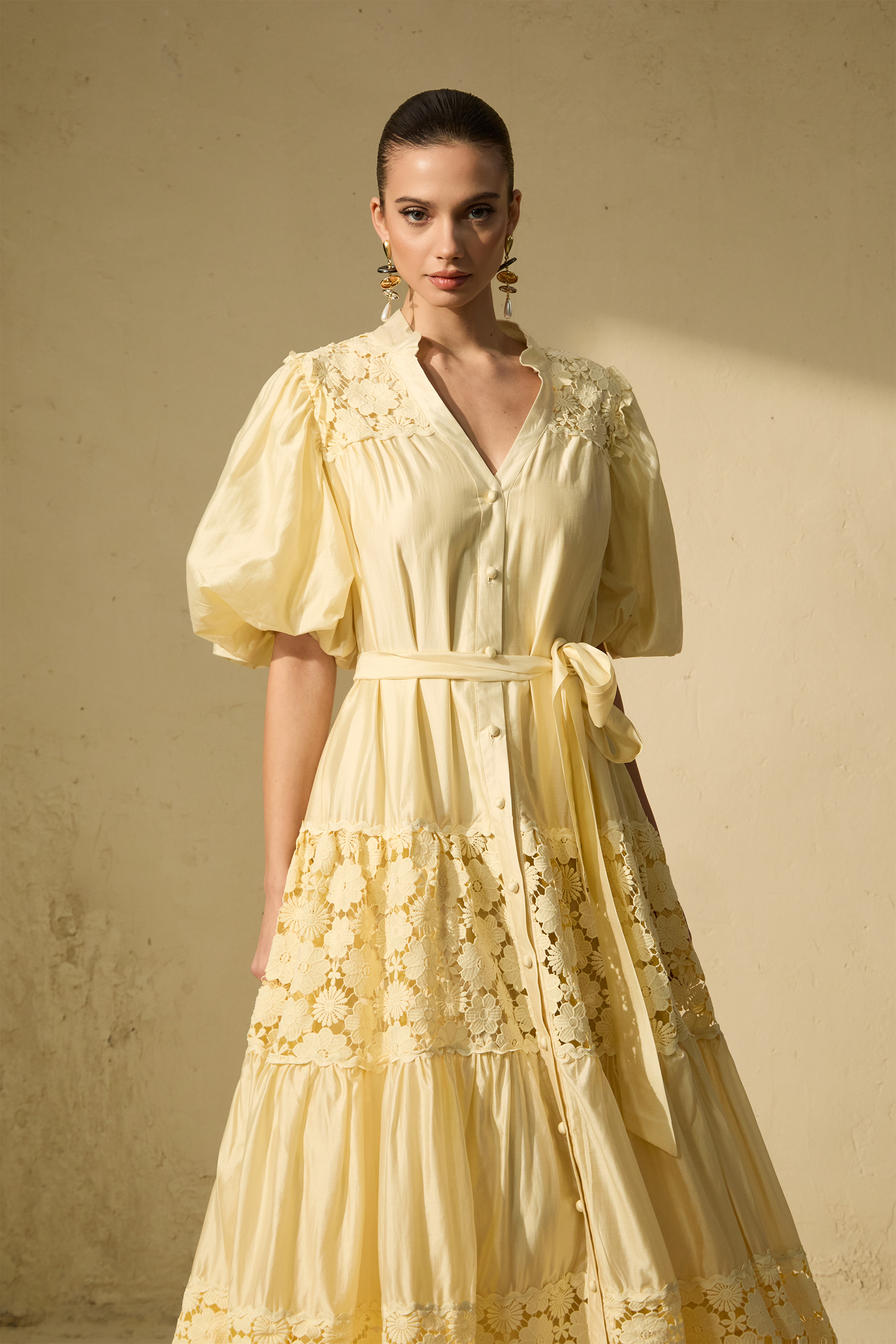 Chic Reverie Puff Sleeve Floral Lace Maxi Dress