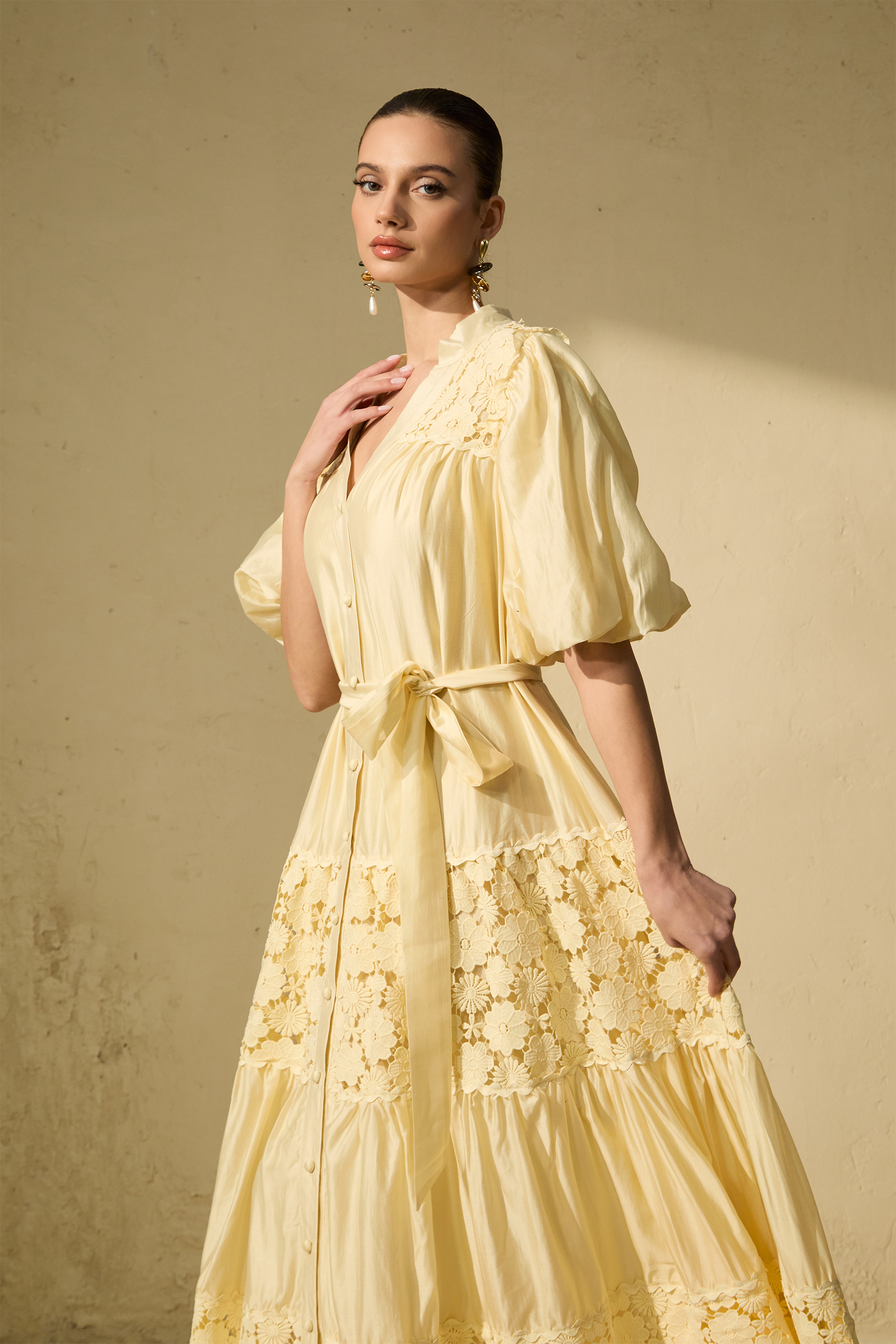 Chic Reverie Puff Sleeve Floral Lace Maxi Dress