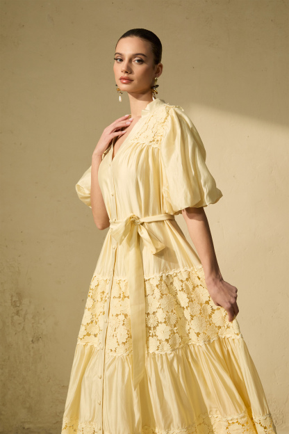 Chic Reverie Puff Sleeve Floral Lace Maxi Dress