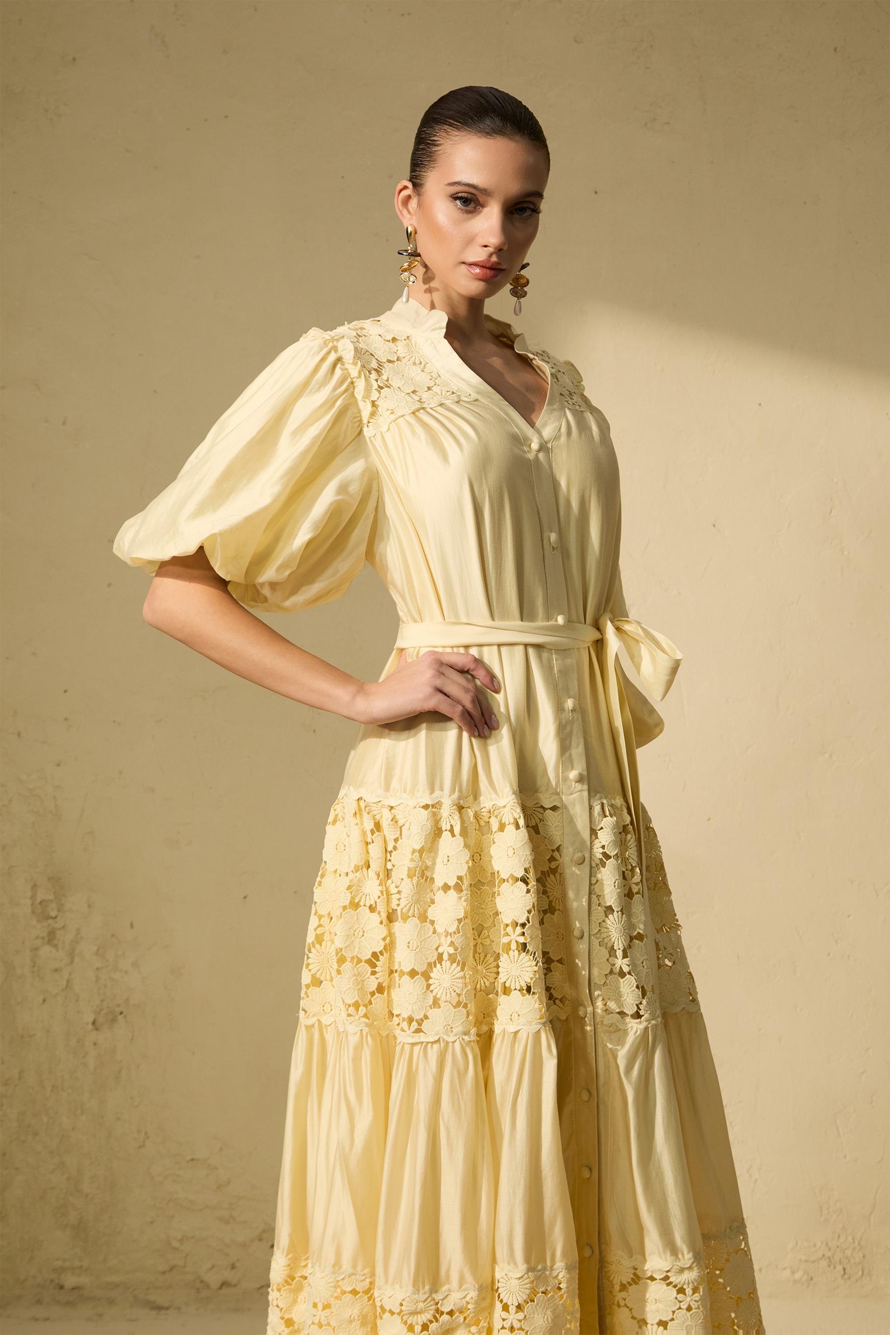 Chic Reverie Puff Sleeve Floral Lace Maxi Dress