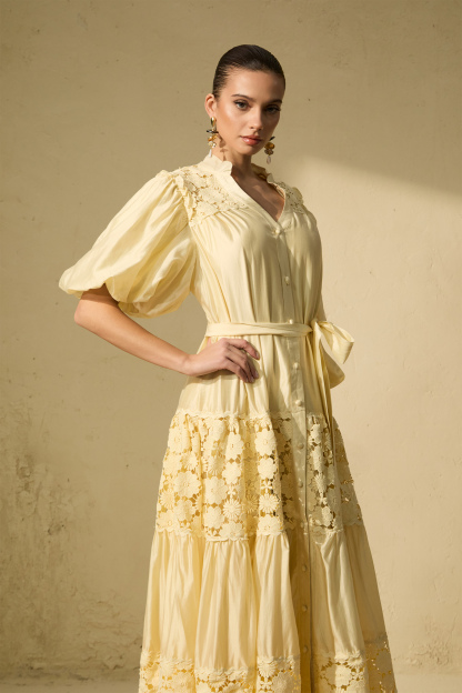 Chic Reverie Puff Sleeve Floral Lace Maxi Dress