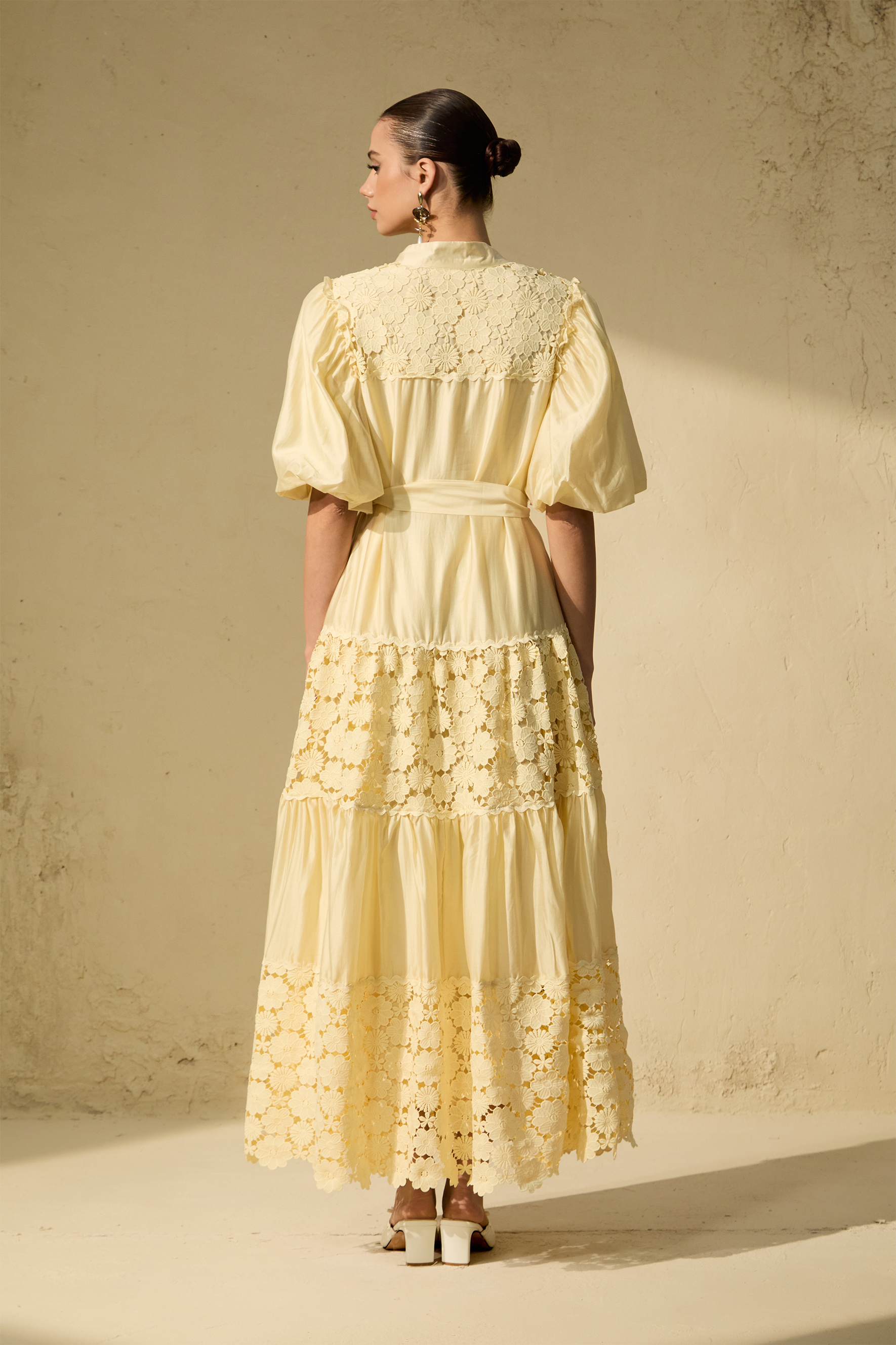 Chic Reverie Puff Sleeve Floral Lace Maxi Dress