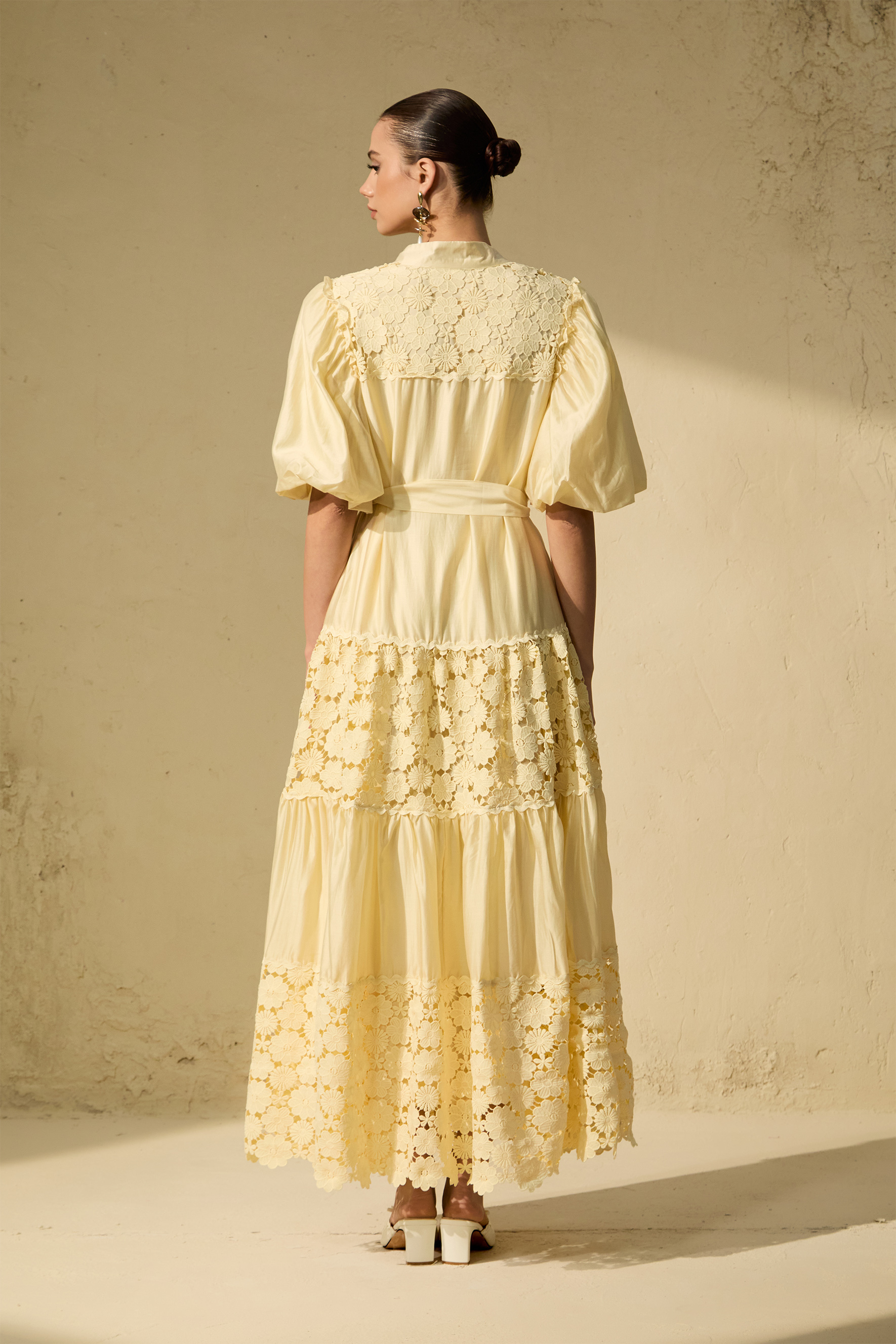 Chic Reverie Puff Sleeve Floral Lace Maxi Dress