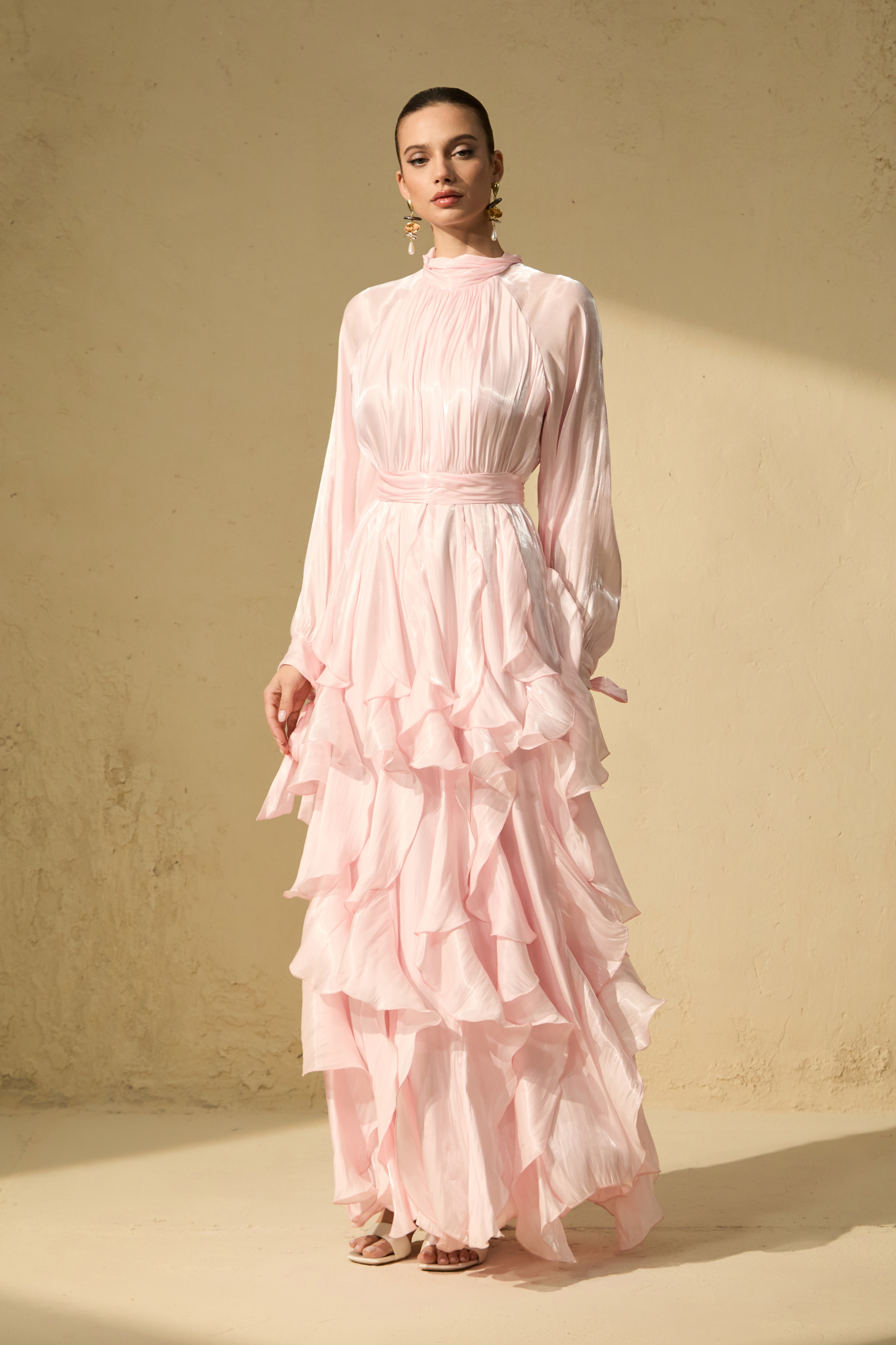 Estella Puff Sleeve Ruffle Trim Maxi Dress