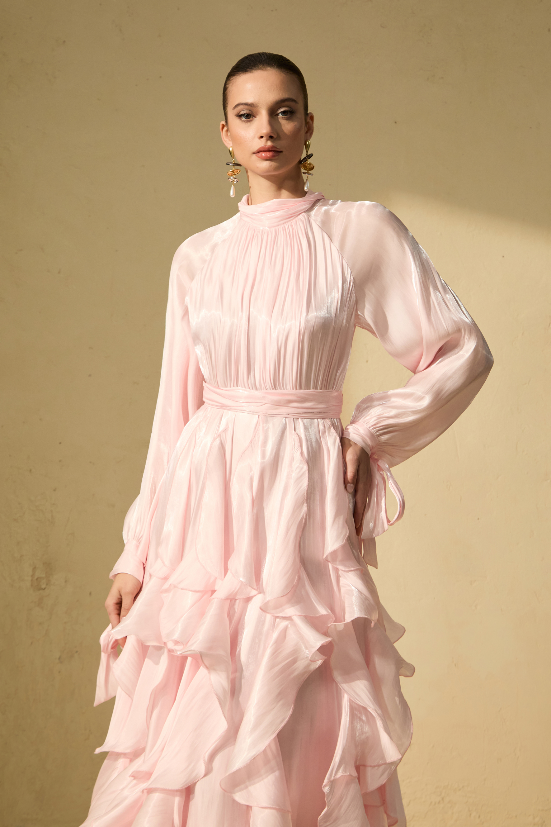 Estella Puff Sleeve Ruffle Trim Maxi Dress