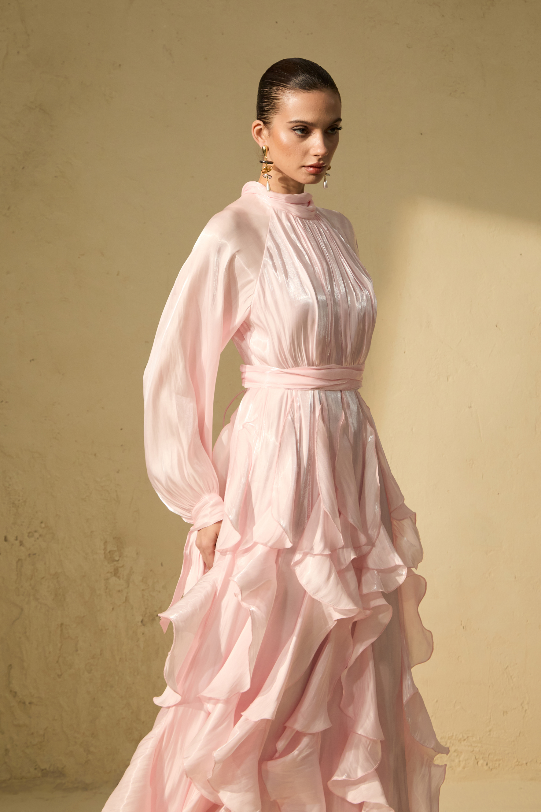 Estella Puff Sleeve Ruffle Trim Maxi Dress