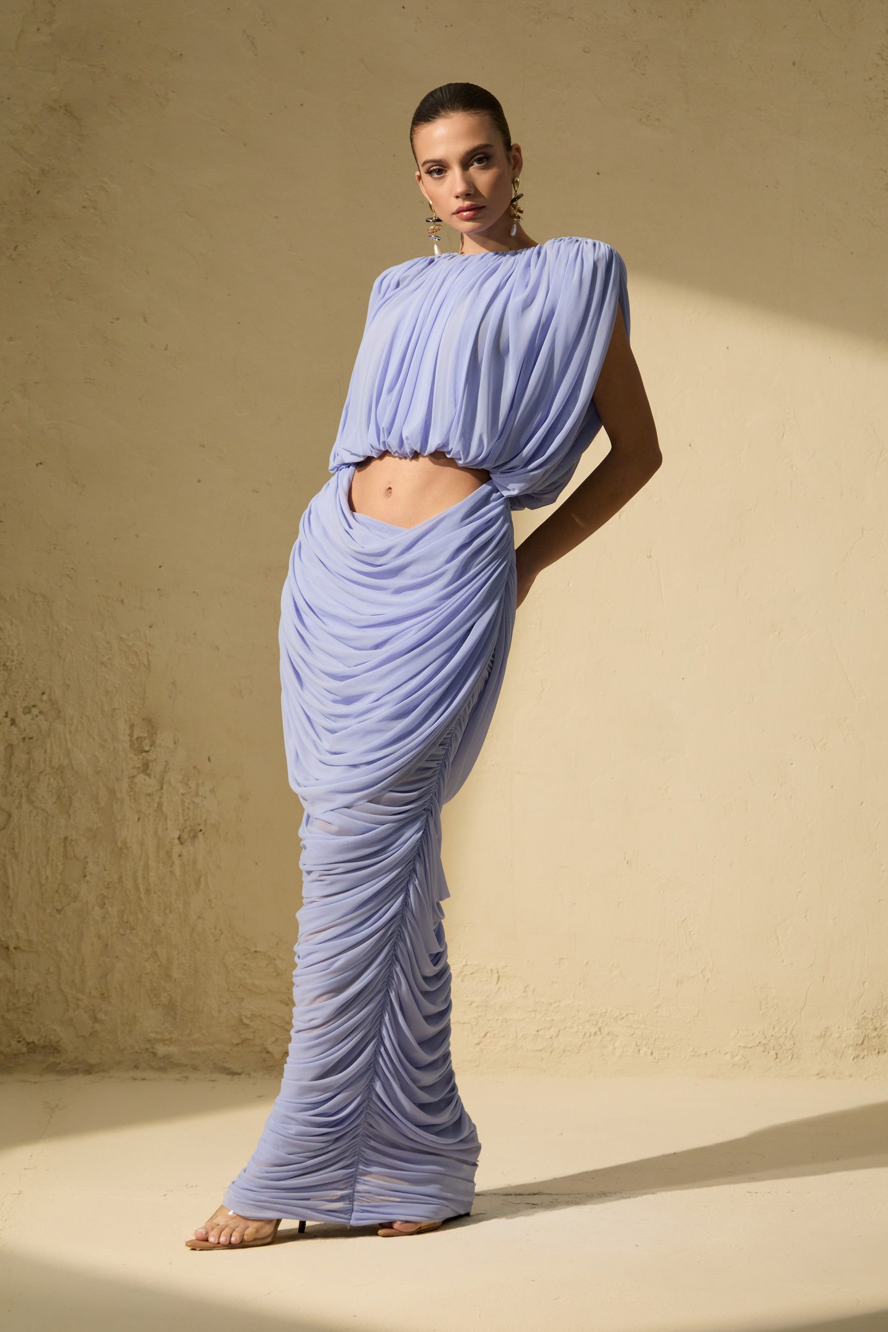 One Of One Lavender Blue Draped Crop Top & Ruched Column Skirt Set