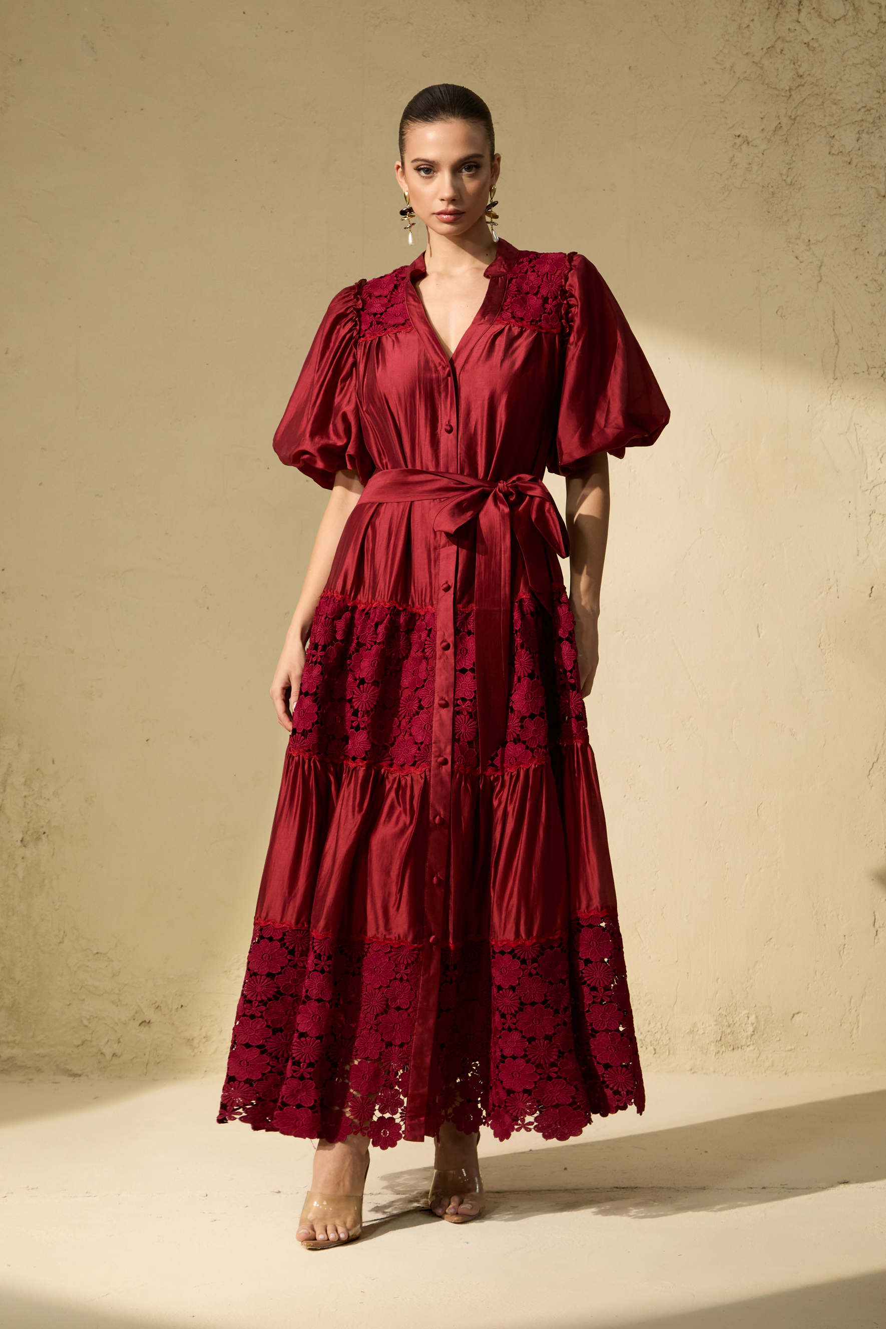 Essence Of Elegance Burgundy Floral Embroidered Puff Sleeve Maxi Dress