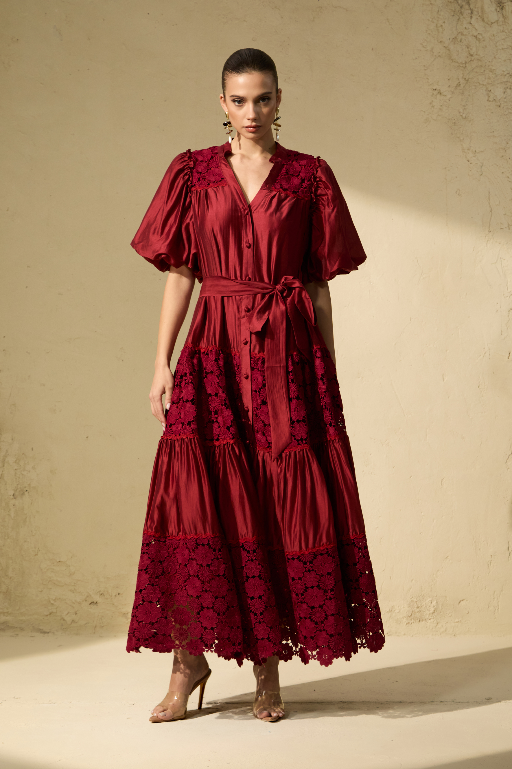 Essence Of Elegance Burgundy Floral Embroidered Puff Sleeve Maxi Dress