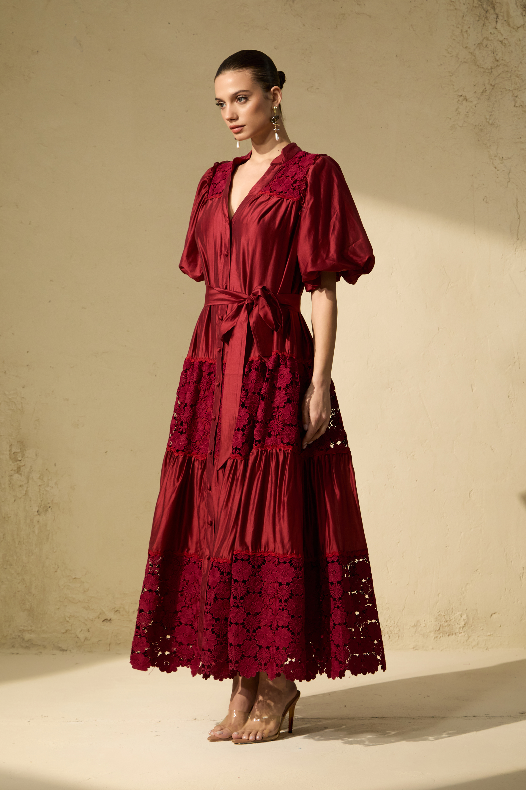 Essence Of Elegance Burgundy Floral Embroidered Puff Sleeve Maxi Dress