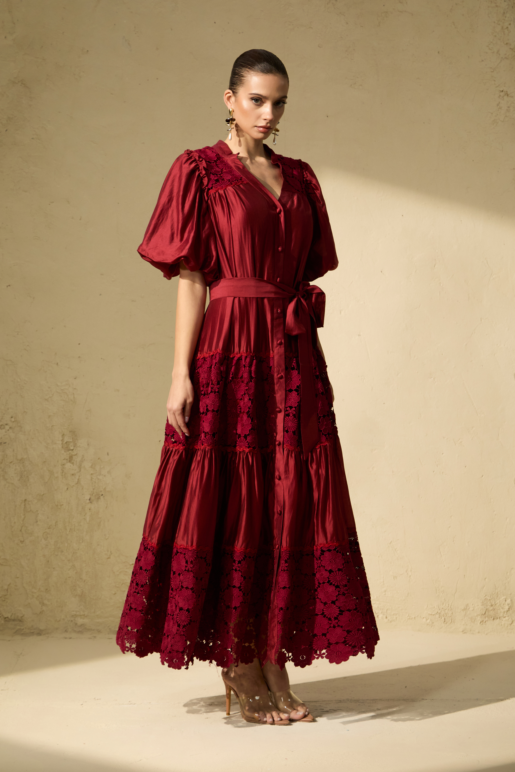Essence Of Elegance Burgundy Floral Embroidered Puff Sleeve Maxi Dress