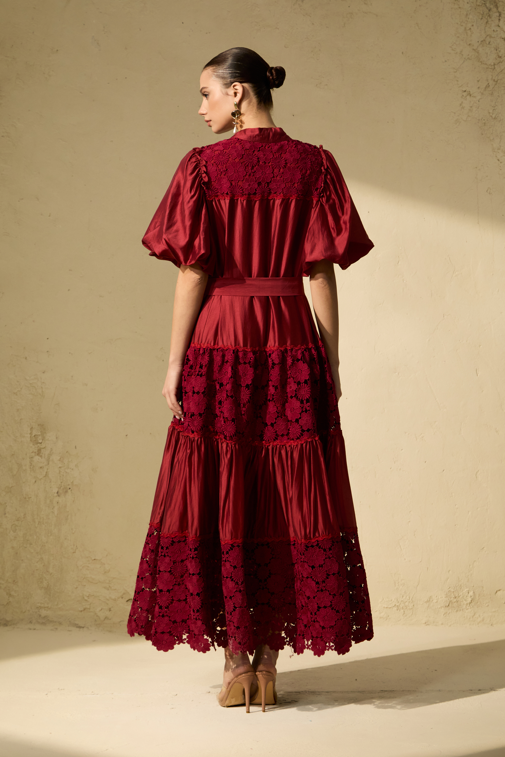 Essence Of Elegance Burgundy Floral Embroidered Puff Sleeve Maxi Dress
