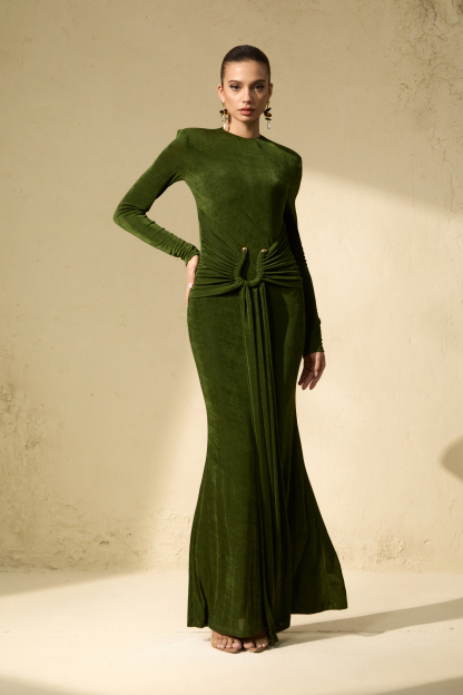 Brilliant Belle Deep Green Draped Waist Maxi Dress