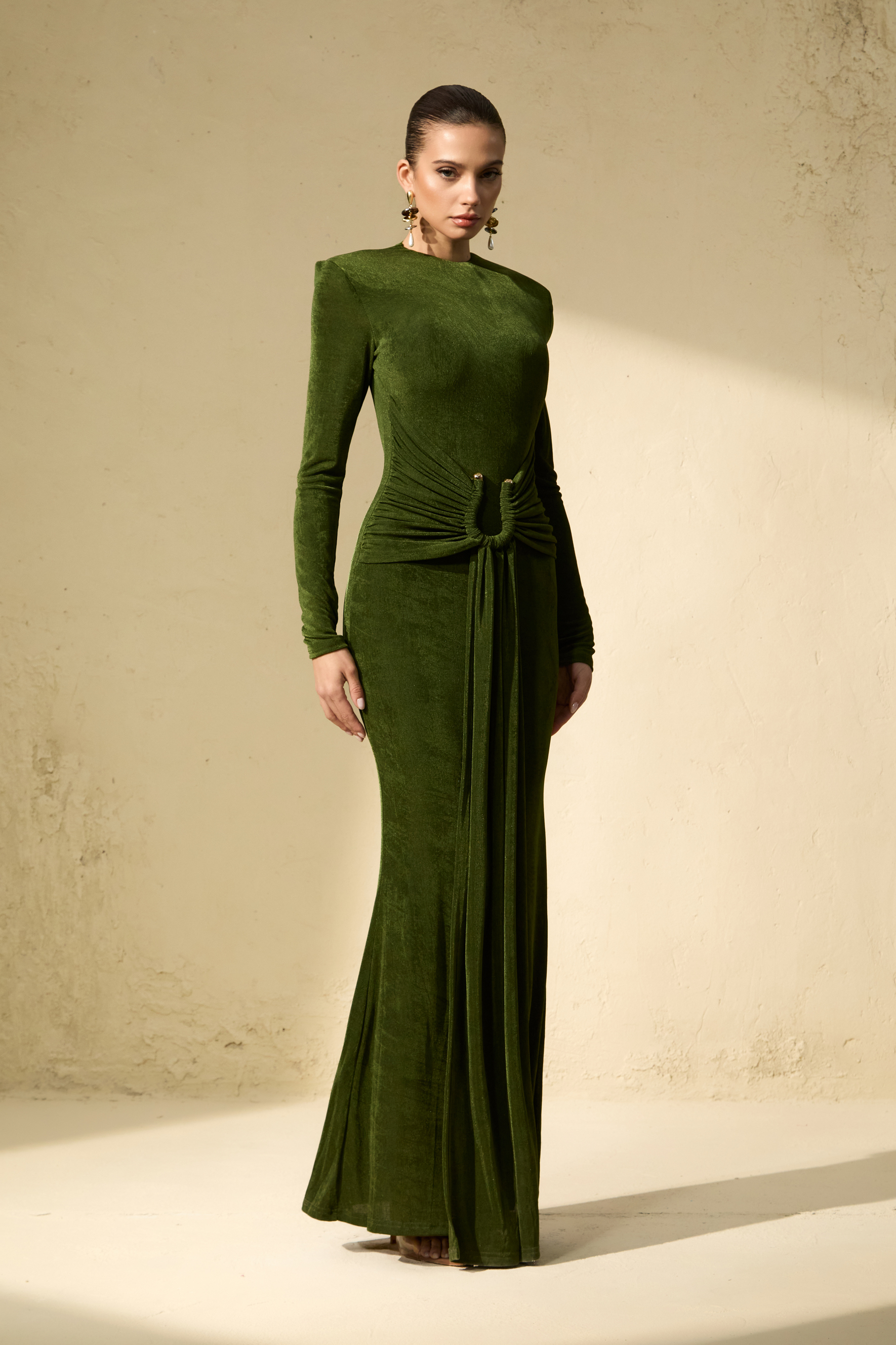 Brilliant Belle Deep Green Draped Waist Maxi Dress