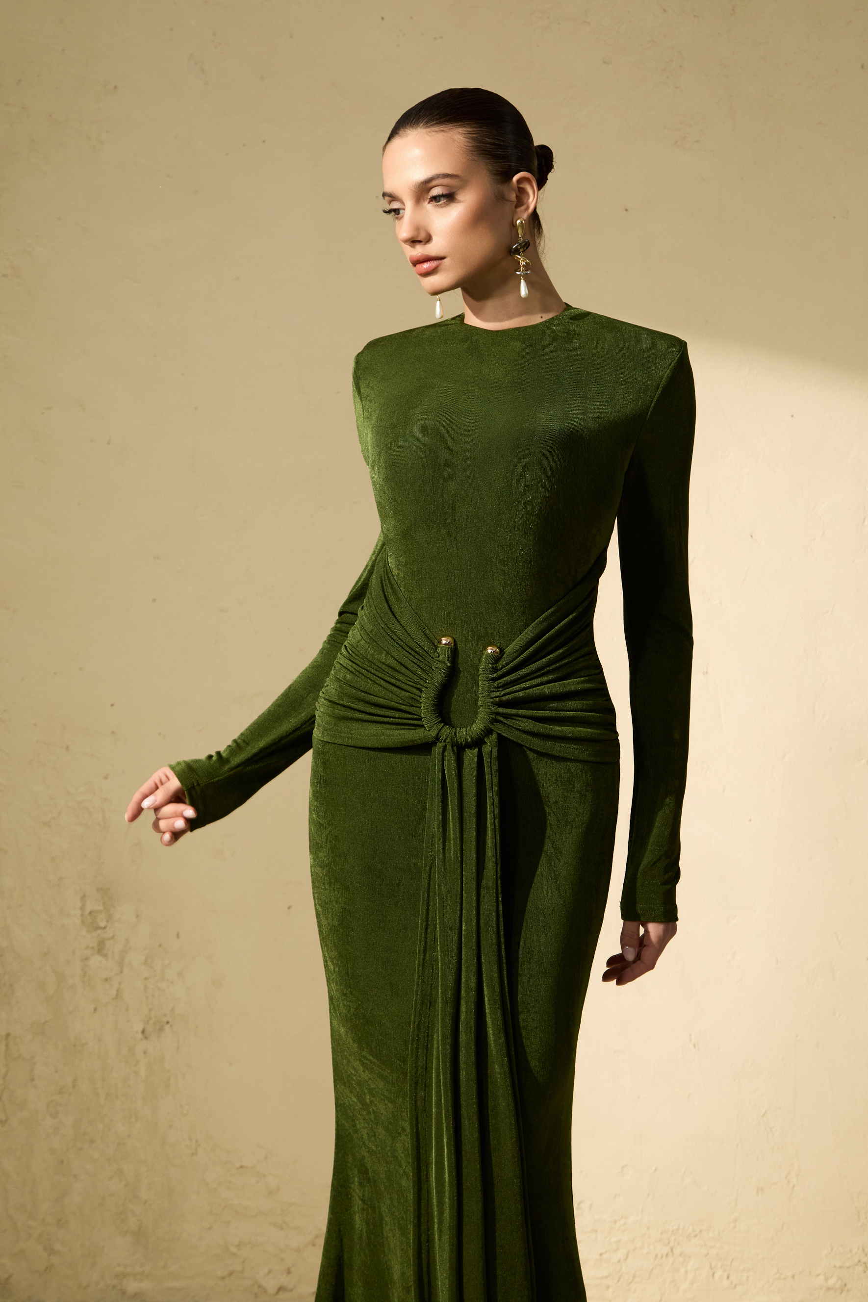 Brilliant Belle Deep Green Draped Waist Maxi Dress