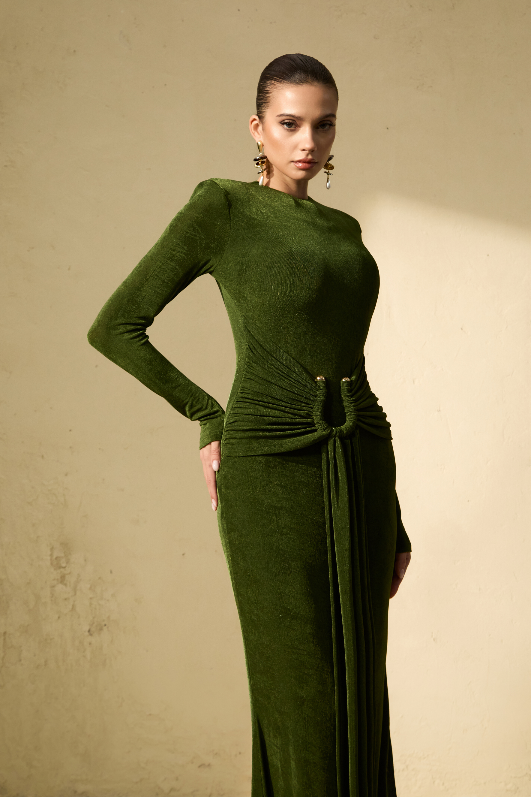 Brilliant Belle Deep Green Draped Waist Maxi Dress