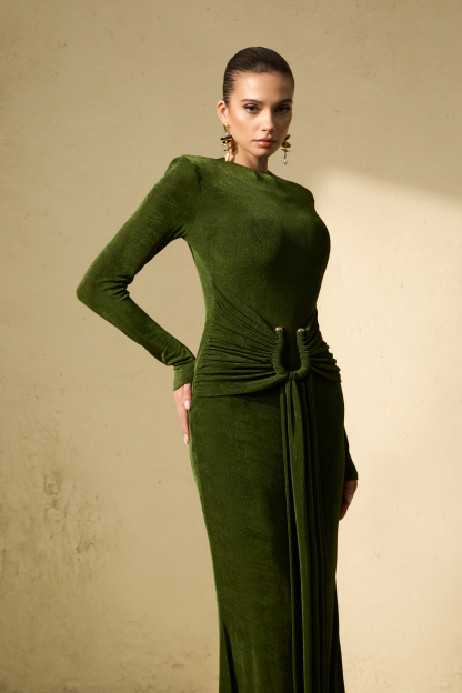 Brilliant Belle Deep Green Draped Waist Maxi Dress