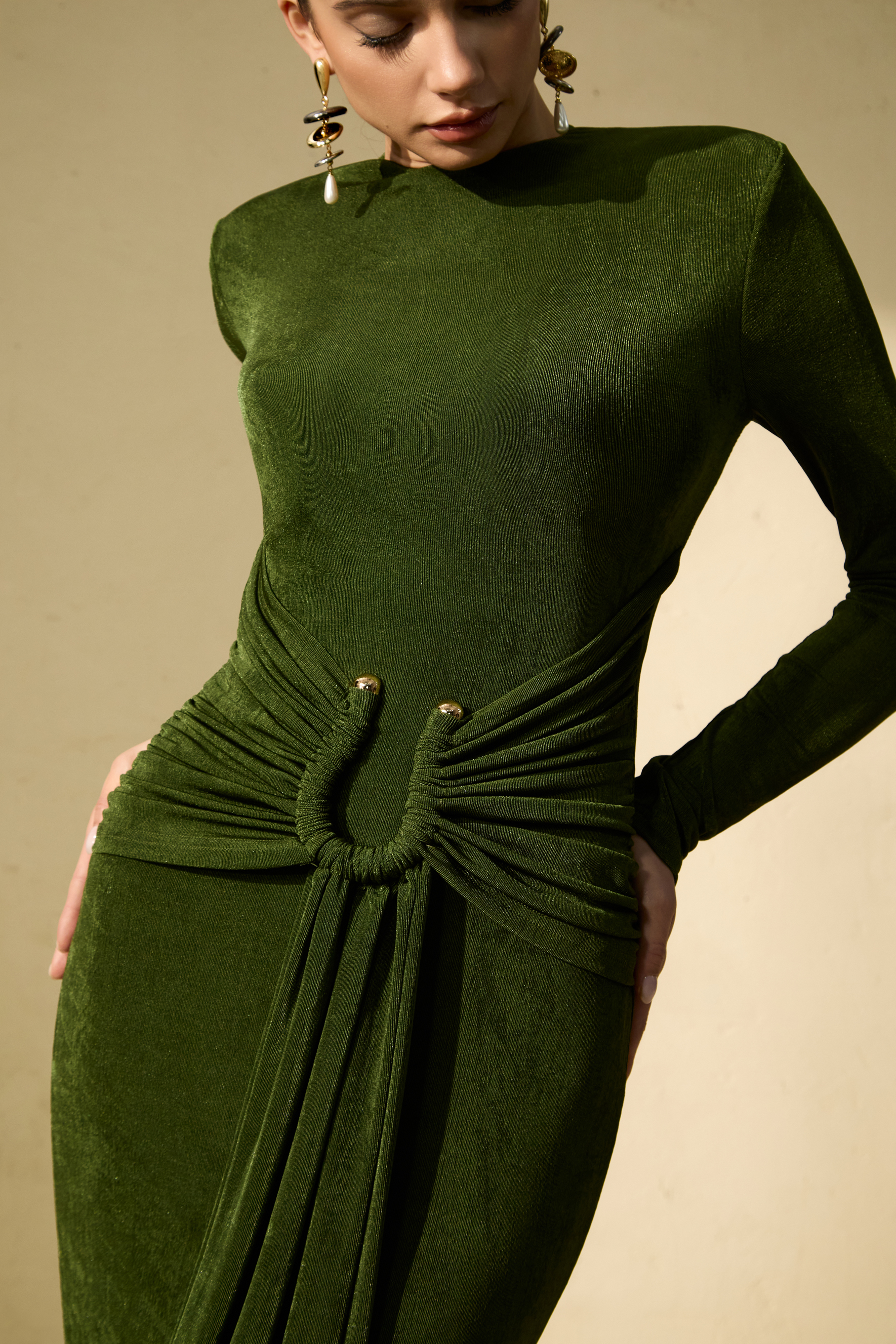 Brilliant Belle Deep Green Draped Waist Maxi Dress