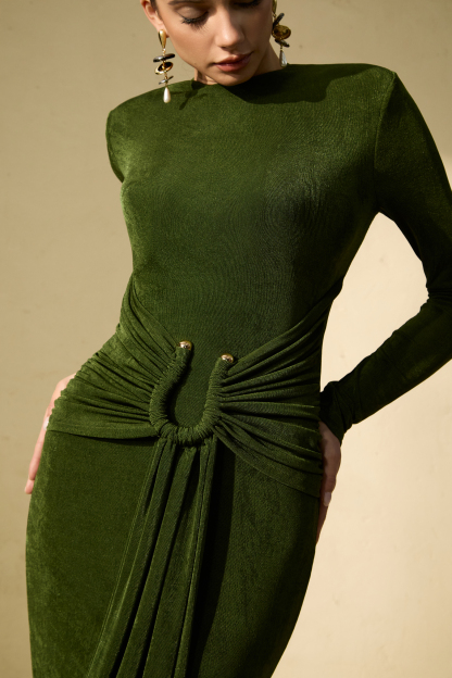 Brilliant Belle Deep Green Draped Waist Maxi Dress
