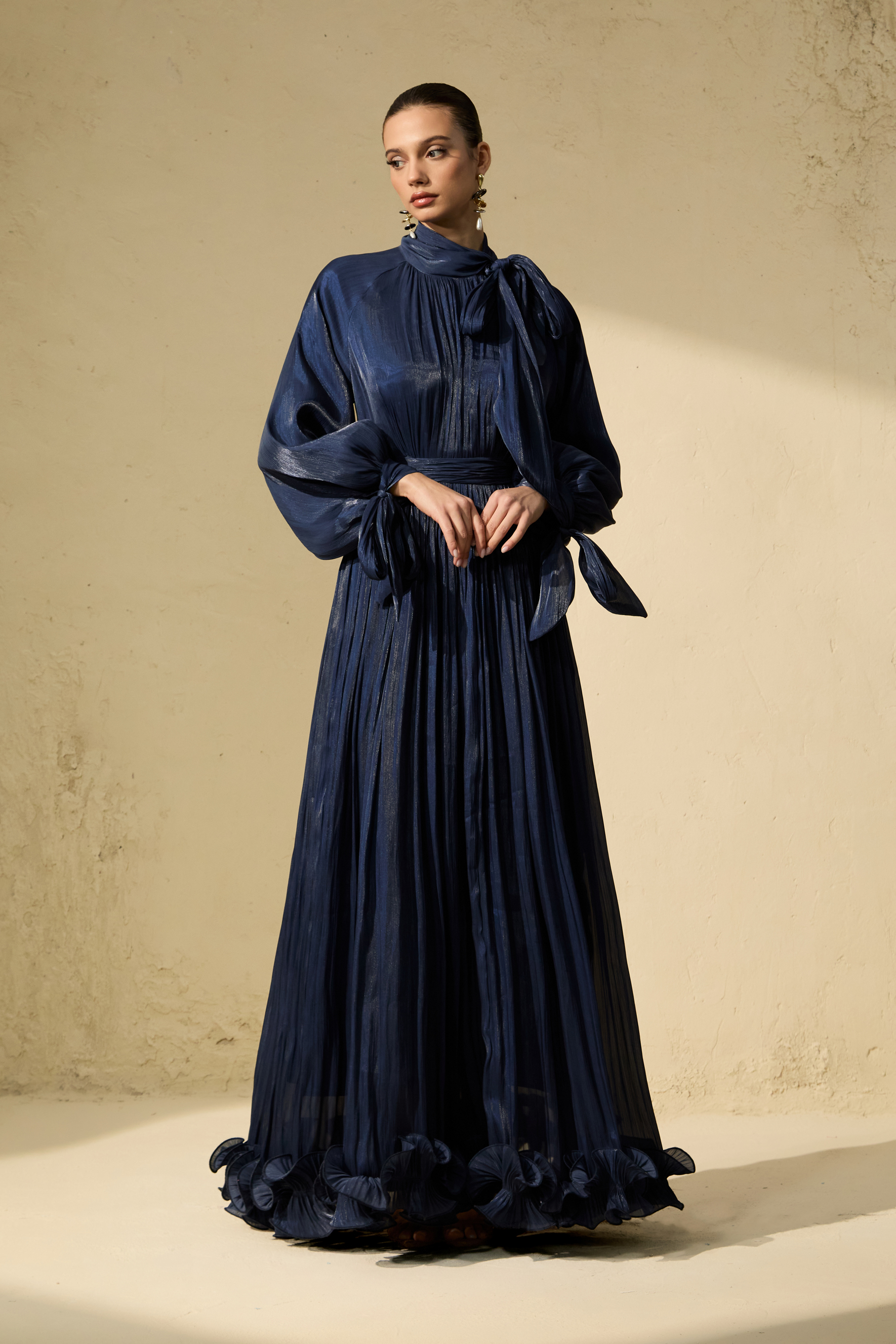 Gorgeous Presence Blue Pleated Ruffle Hem Maxi Dress